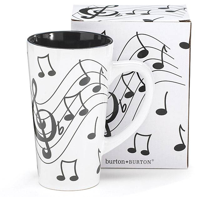 Jazz it up Ceramic Mug - Dishwasher safe/FDA approved/Microwave safe. Jazz it up ceramic music mug with music notes all around and black interior. 16 oz. 