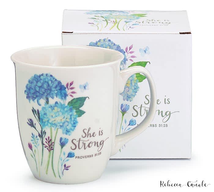 She is Strong She is Strong - Dishwasher safe/FDA approved/Microwave safe. White porcelain mug with blue hydrangea blooms with message reading: She is Strong. Interior and handle are white. 4.75"H x 6"W x 4"D. Capacity: 16 oz.