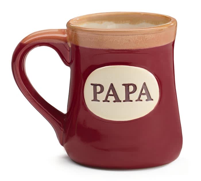 Papa Mug - Dishwasher safe/FDA approved/Microwave safe. Hand-painted porcelain burgundy mug with cream trim on rim and top of handle. Front has &quot;PAPA&quot; inscribed on a raised oval medallion. Back has the decal message: The best job I've ever had is being a PAPA.  4 3/4&quot;H X 3&quot;Opening and holds 18oz.