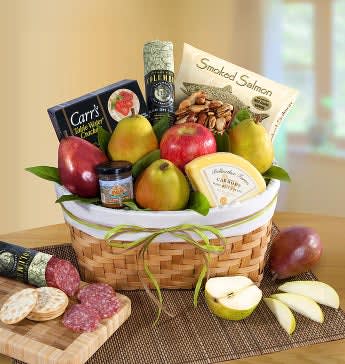 gift basket with fruit and snacks - a touch of yummy goodness. goodies and fruit, cheese and crackers