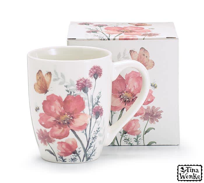 Wildflowers and Butterfly Mug - Dishwasher safe/FDA approved/Microwave safe. Porcelain mug with large mauve wildflower bloom with lavender thistle blooms, a butterfly, and a bee.  4.25&quot;H x 3&quot;Opening. Capacity: 12 oz.