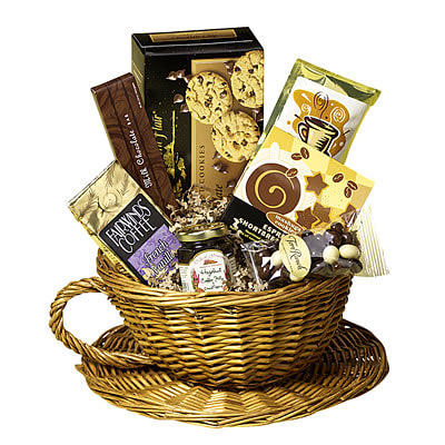 BeauTEAful Basket - delicious organic teas with delicious snacks in a wicker tea cup sure to please the tea lover. can be designed for seasonal gifts.