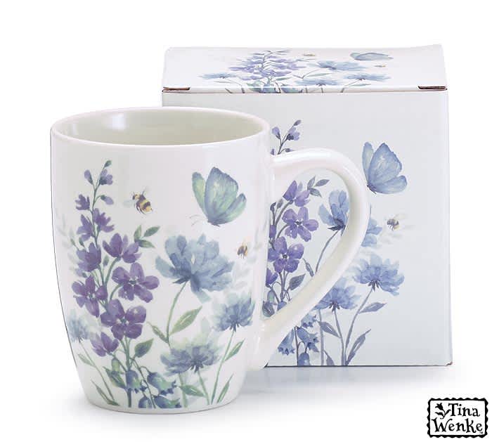 Wild Flowers with Butterflies &amp; Bees Mug - Dishwasher safe/FDA approved/Microwave safe. Porcelain mug with lavender and purple wildflowers with butterflies and bees. White interior.  4.25&quot;H x 3&quot;Opening. Capacity: 12 oz.