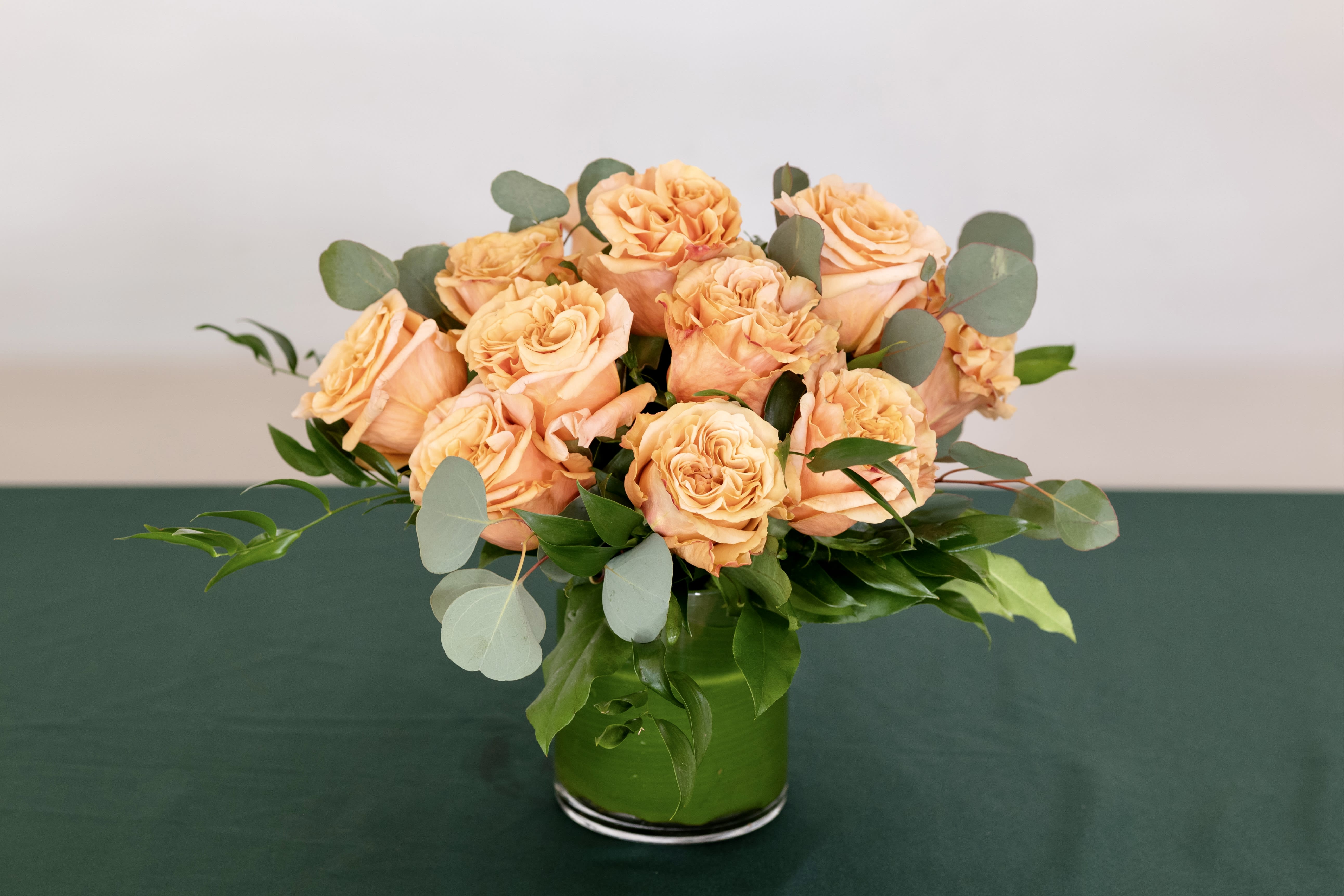 Peach Roses - One dozen peach roses in a low and lush design