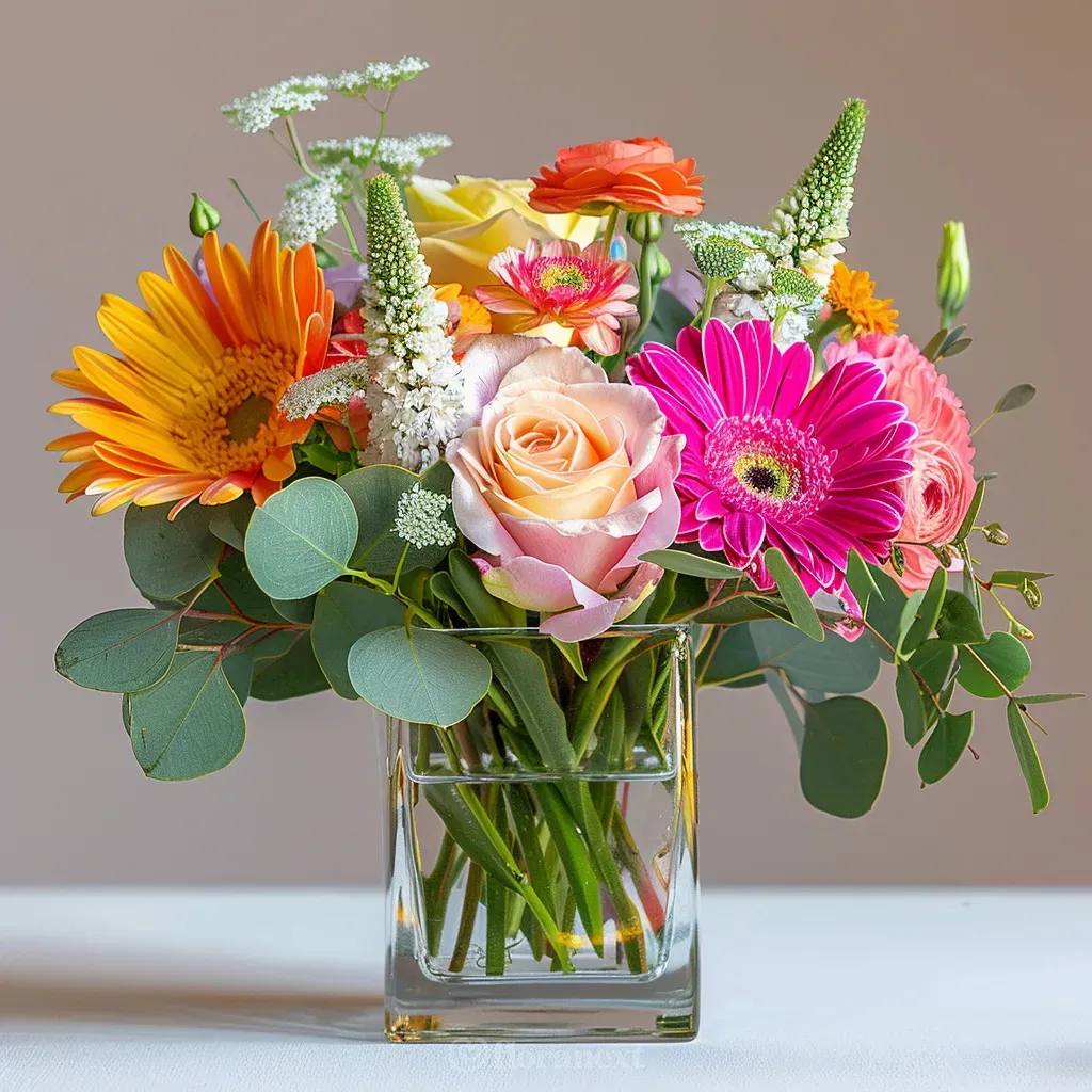 Urban Spring  - Introducing our delightful Urban Spring bouquet, a vibrant celebration of the season's finest blooms! This charming arrangement features exquisite Peace roses, cheerful Gerbera daisies, delicate Ranunculus, and elegant Veronica flowers. Each stem is carefully arranged in a short square vase, complemented by lush Eucalyptus leaves for added texture and fragrance. Perfect for brightening up any space or gifting to a loved one, our Urban Spring bouquet captures the essence of the season with its refreshing colors and enchanting beauty. 