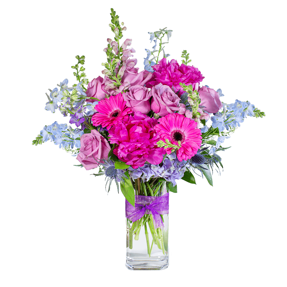 Luxury Bouquet - Shades of Happiness - You can't help smiling. Shades of Happiness brings joy and cheer for any occasion. A variety of pink and purple flowers complement this cylinder vase.