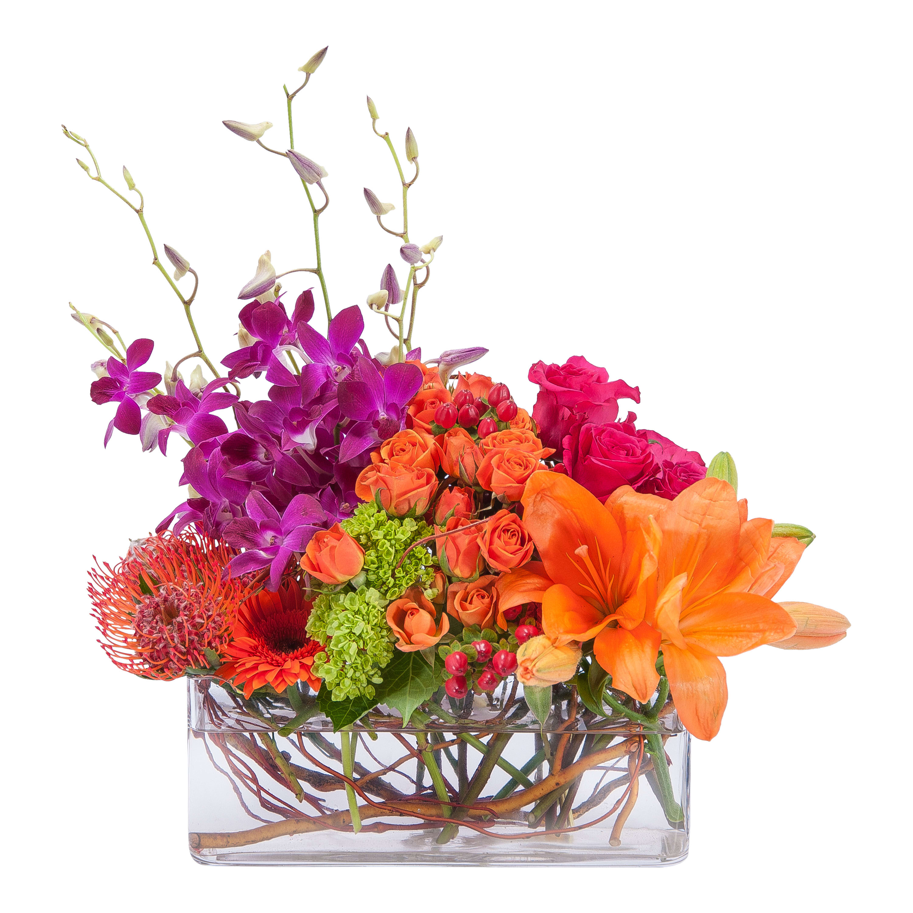 Powerfully Prismatic - Groupings of premium blooms in a clear glass container combine to make this modern design.   