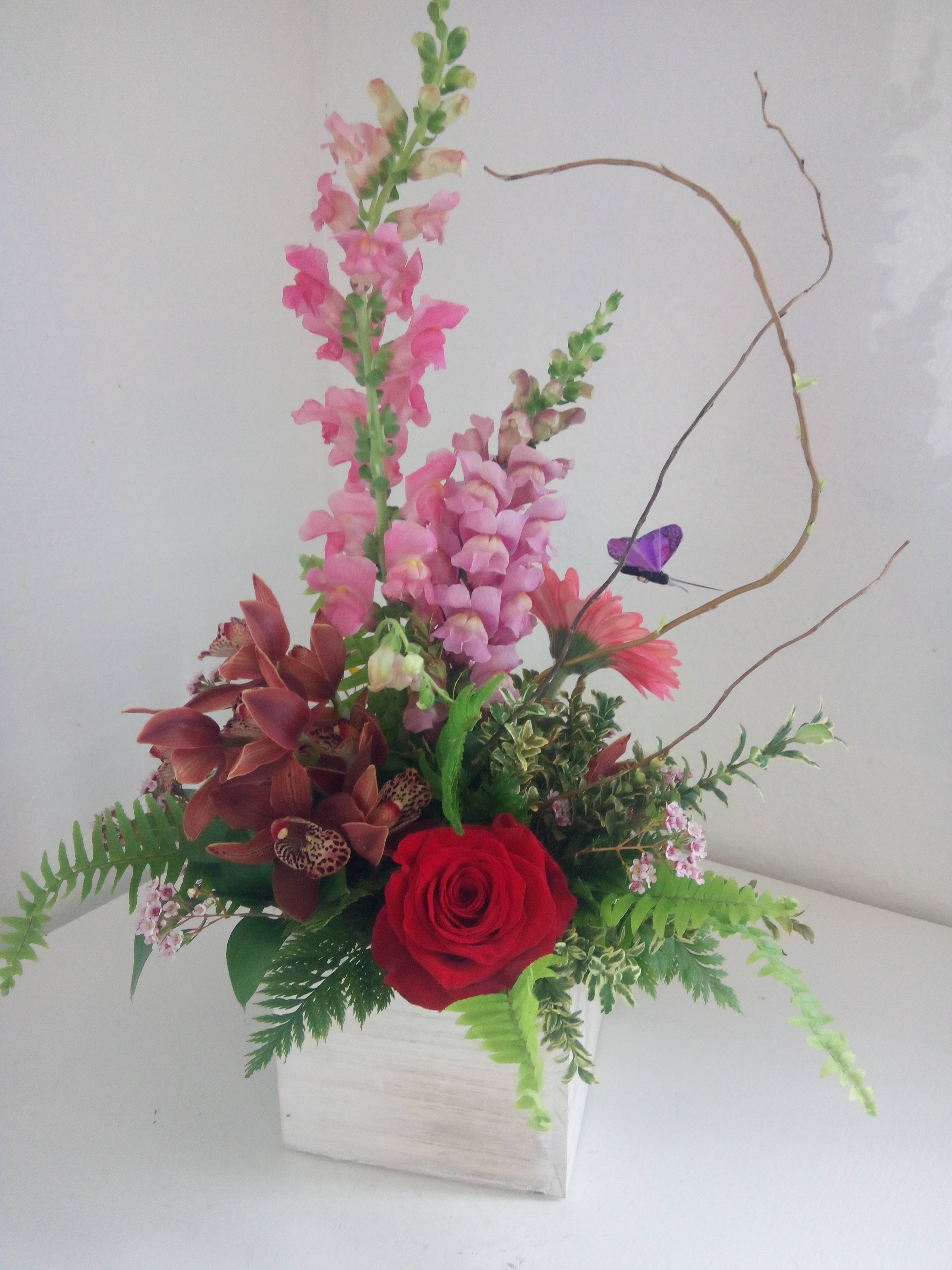 Always a Lady - Roses, orchids, snapdragons, and gerberas with mixed seasonal flowers in a white washed wooden box 