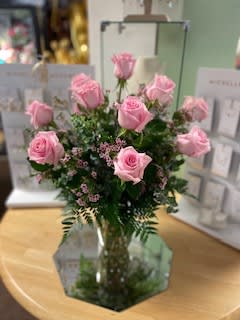 Precious Pink Roses - One Dozen Beautifully Arranged Pink Roses In Glass Vase With Filers And Greens