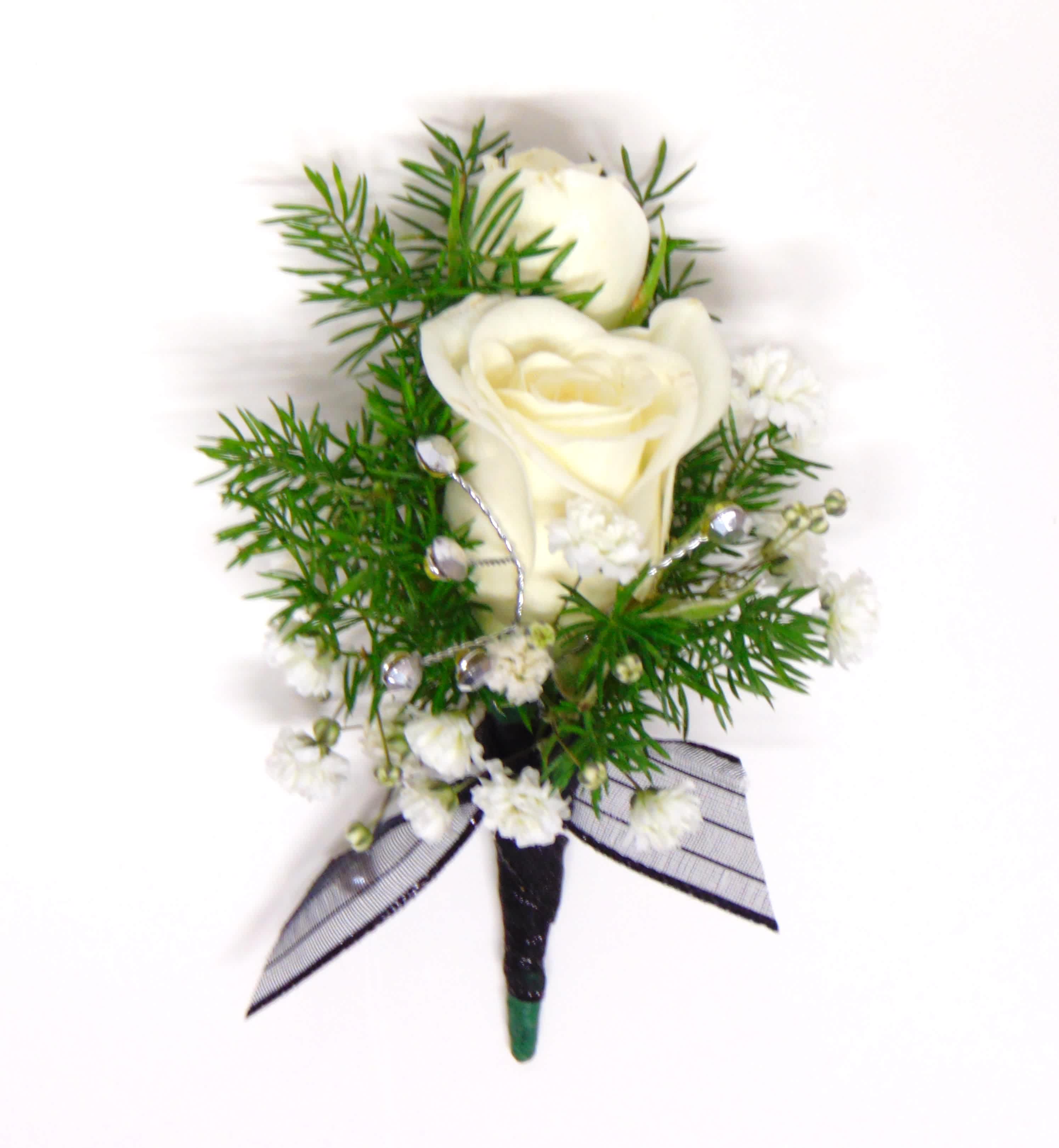 Double White Spray Rose &amp; Black/Silver Boutonniere - Two white spray roses,silver bling, baby's breath, ming fern and black ribbon wrap. Includes boutonniere box.