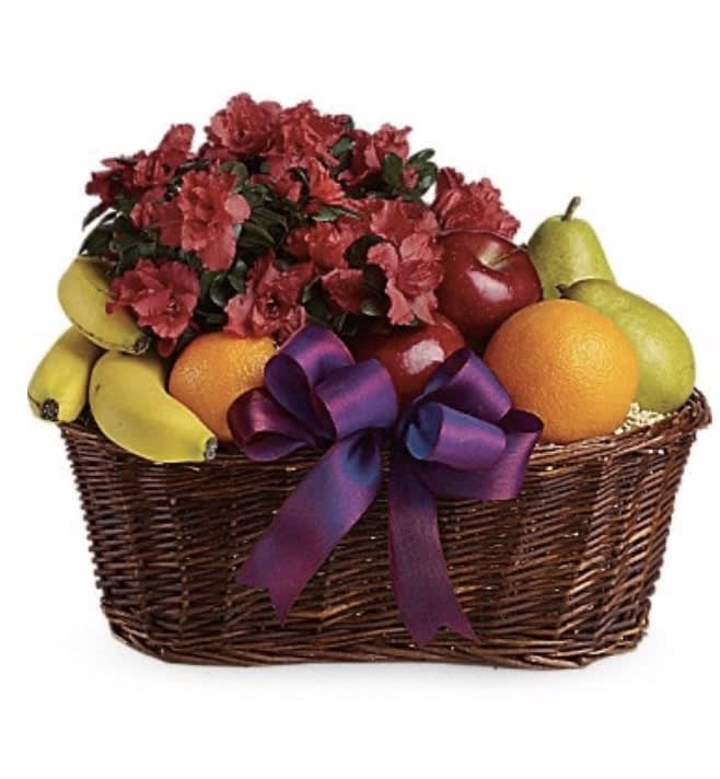 1/2 Fruit and blooming plant  - 1/2 seasonal fruit basket with seasonal blooming plant 