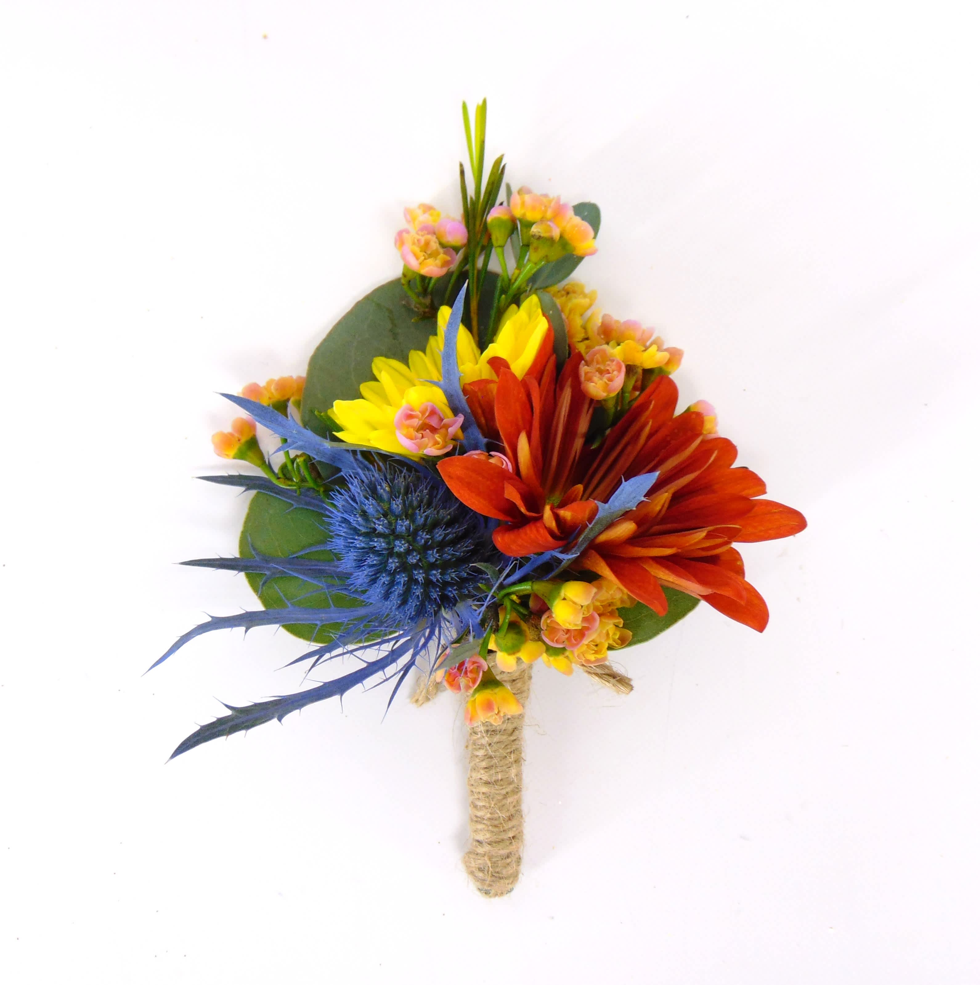 Mini Sunflower-Daisy-Thistle Boutonniere - Mine sunflower viking mum, rust daisy mum, blue thistle, gold/peach waxflower, eucalyptus greens and twine wrap. Includes boutonniere box.