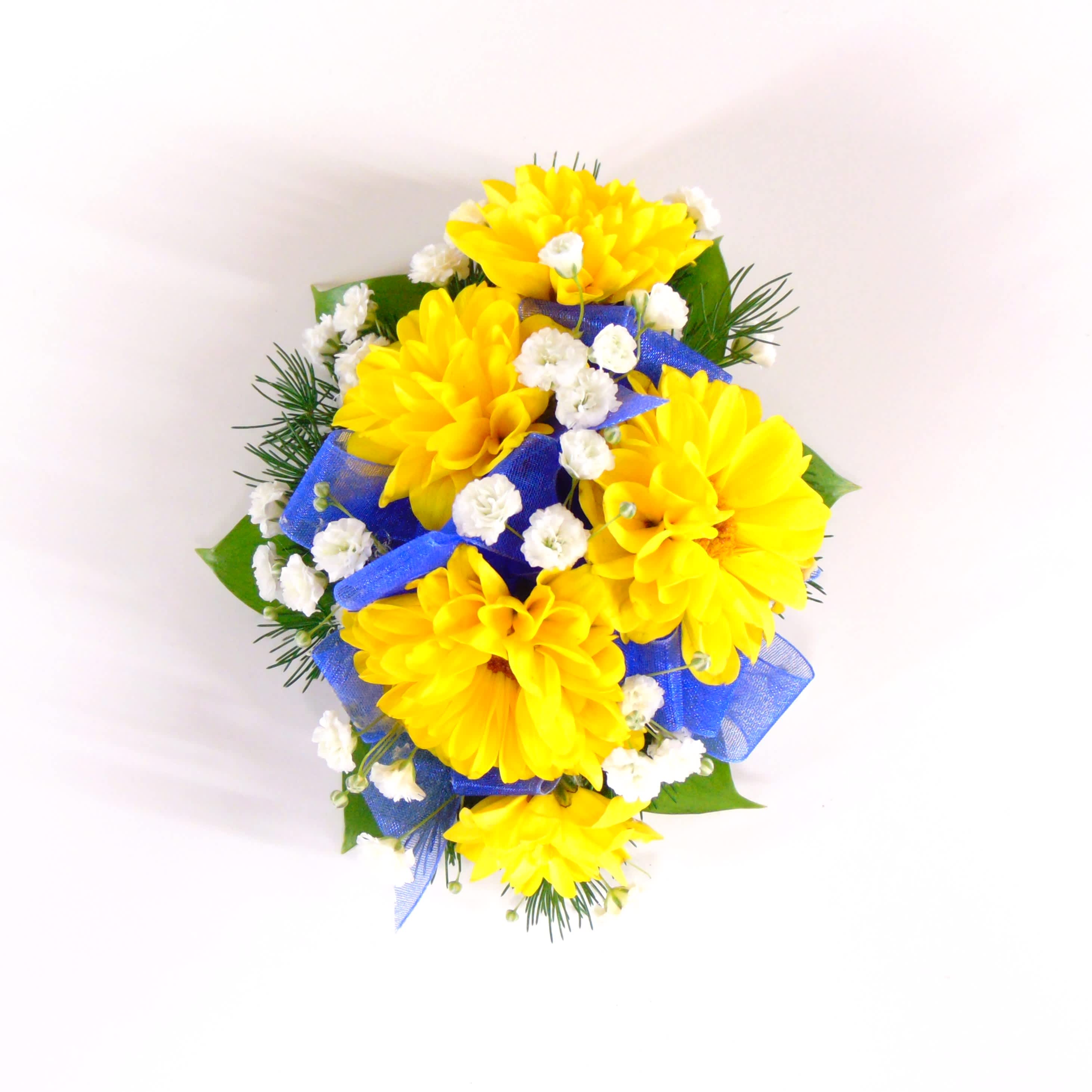 Mini Sunflower &amp; Blue Wrist Corsage - Five mini sunflower-viking mums, sheer royal blue ribbon, baby's breath, and mixed greens on a standard wristlet, Deluxe option adds bling. Premium option includes bling and adds a beaded wristlet. Includes corsage box.