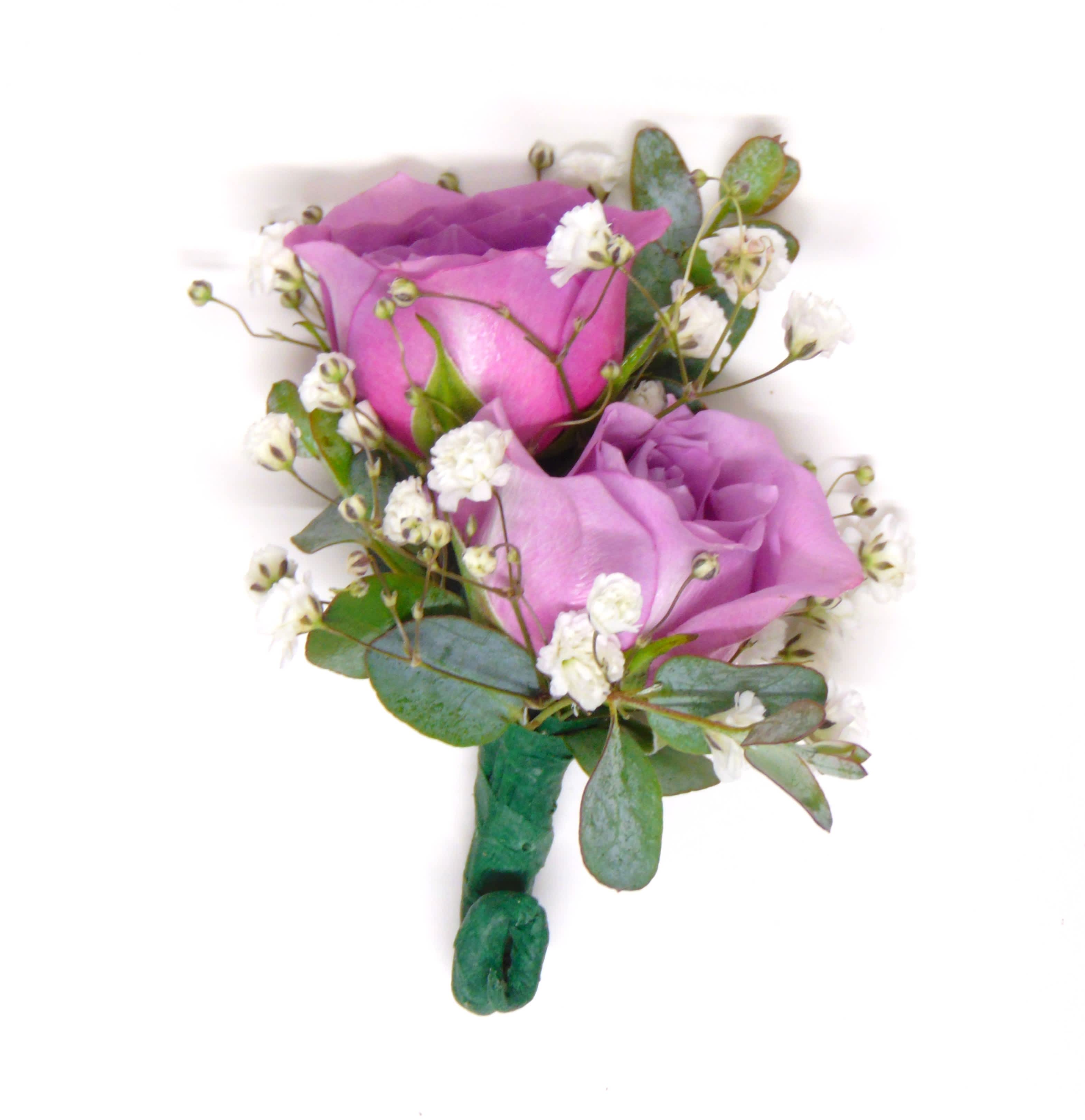 Two Lavender Spray Rose Boutonnniere - Two lavender spray roses, baby's breath, mini eucalyptus greens and standard green stem wrap. Deluxe option adds bling. Displayed in a clear box.