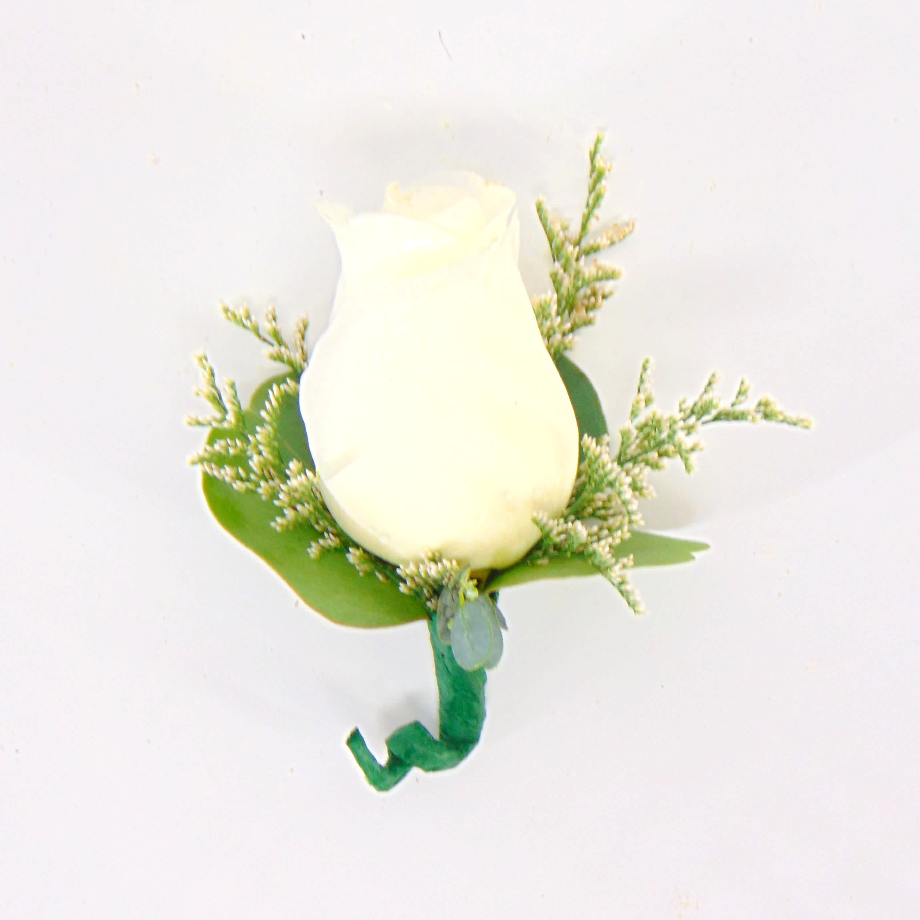 Single White Rose Boutonniere-White Limo - Single white rose with white limonium accents, eucalyptus greens, standard green stem wrap.  Deluxe option adds bling.  Displayed in a clear box.