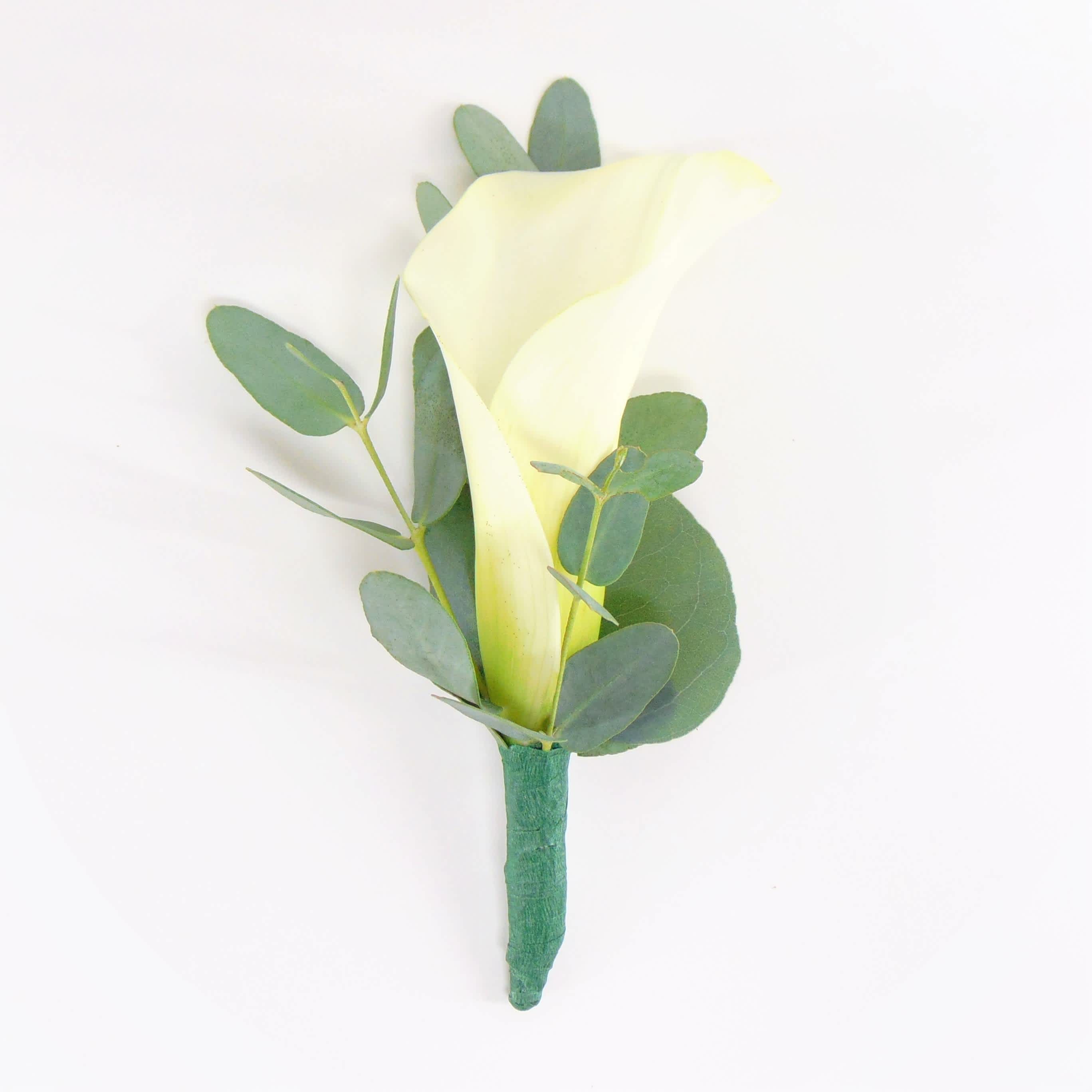 White Calla Lily Boutonniere - Single white mini calla lily, mixed eucalyptus greens, standard green stems wrap. Deluxe option adds bling. Displayed in a clear box.
