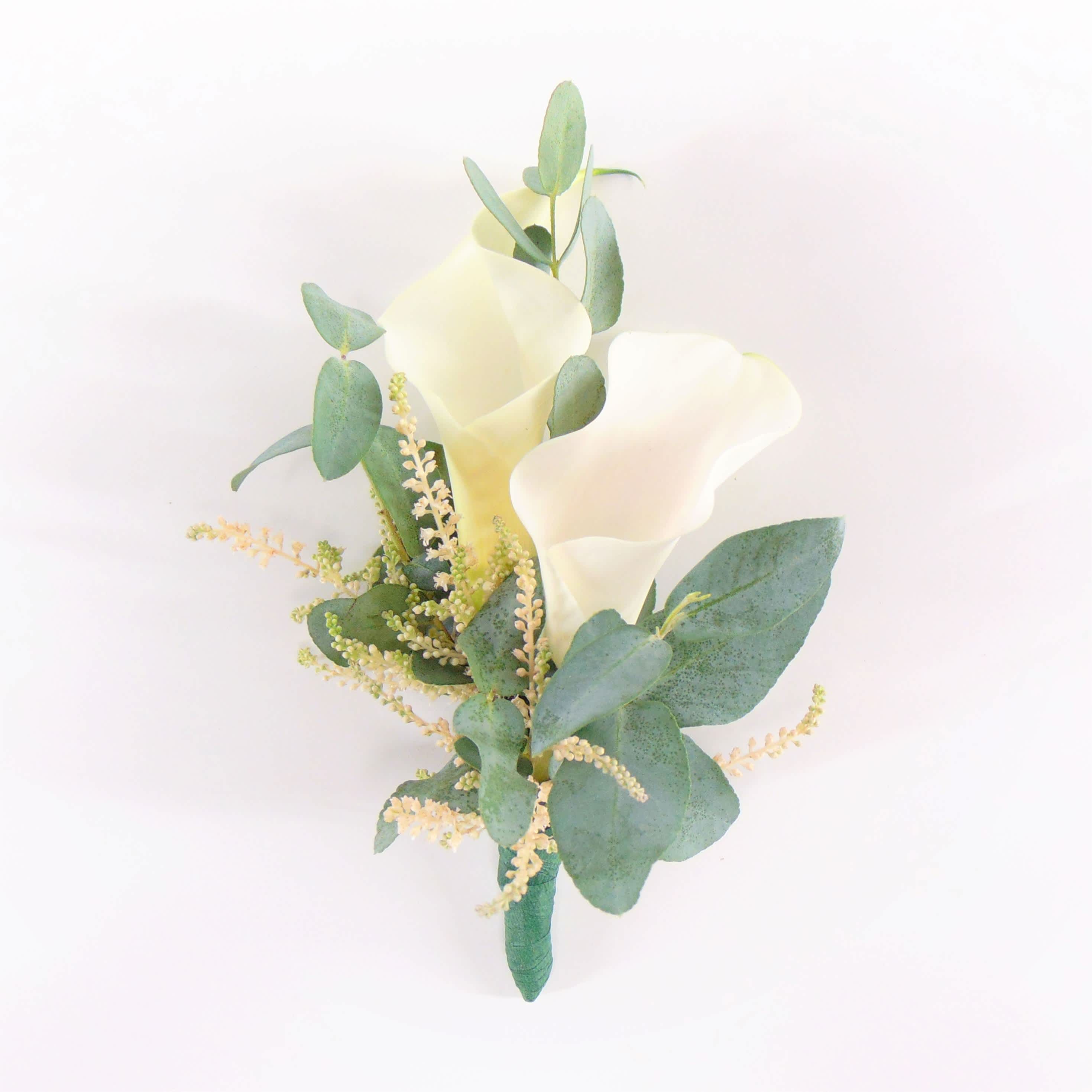 Double White Calla Lily Boutonniere - Two white mini calla lilies, mixed eucalyptus, ivory accents, standard green stem wrap. Displayed in a clear box.