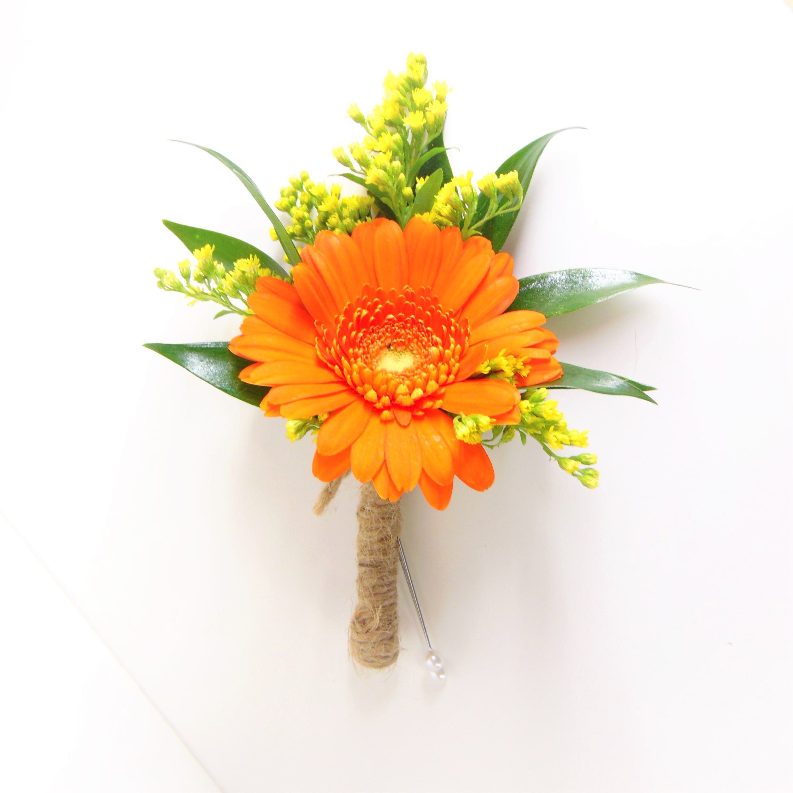 Orange Mini Gerbera Boutonniere - Single Orange mini gerbera daisy, yellow solidago, greenery and twine wrap.  Includes boutonniere box.