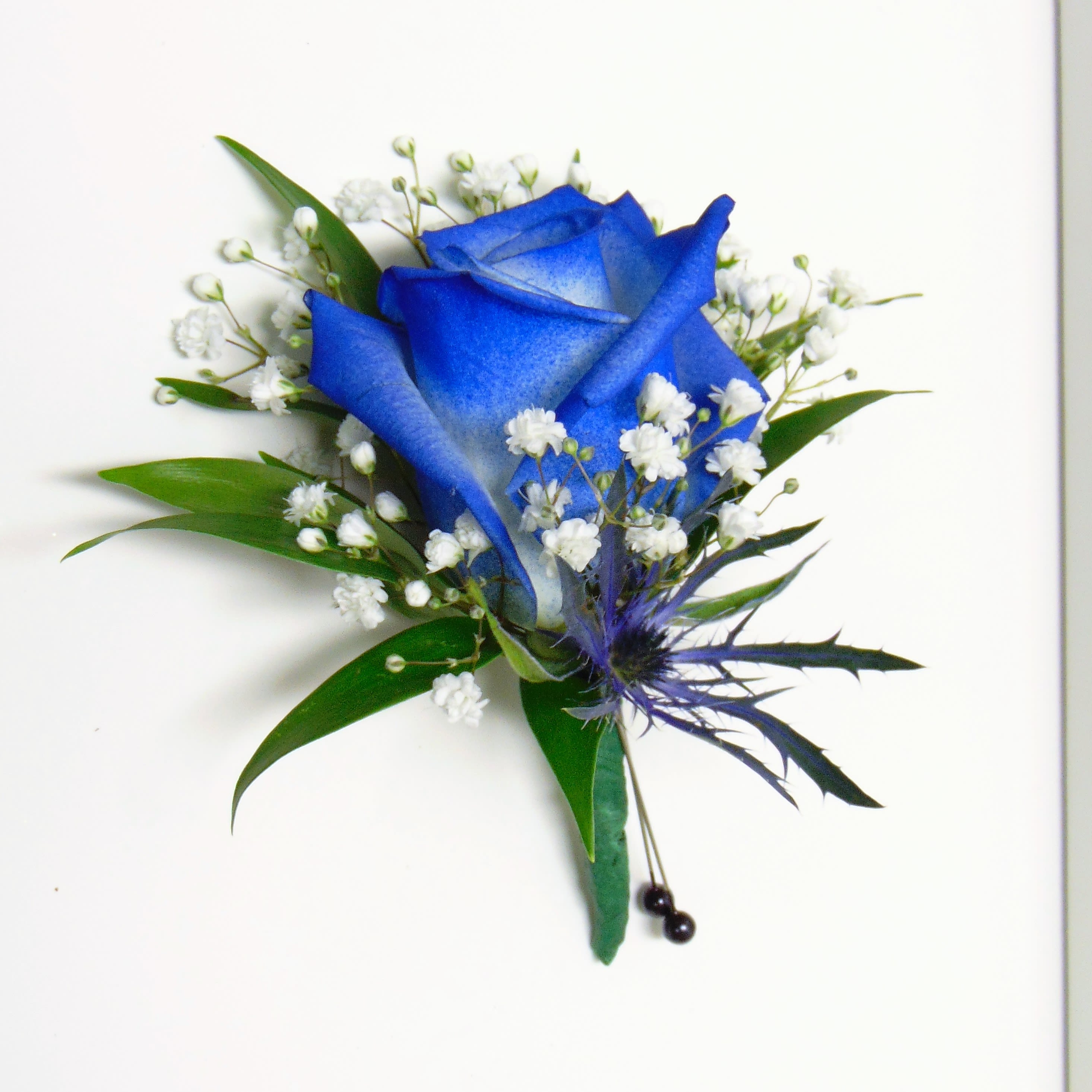 Royal Blue Rose Boutonniere - White rose tinted royal blue with white accents, greenery and standard green stem wrap.  Boutonniere box included. Standard option is pictured and deluxe option adds bling.