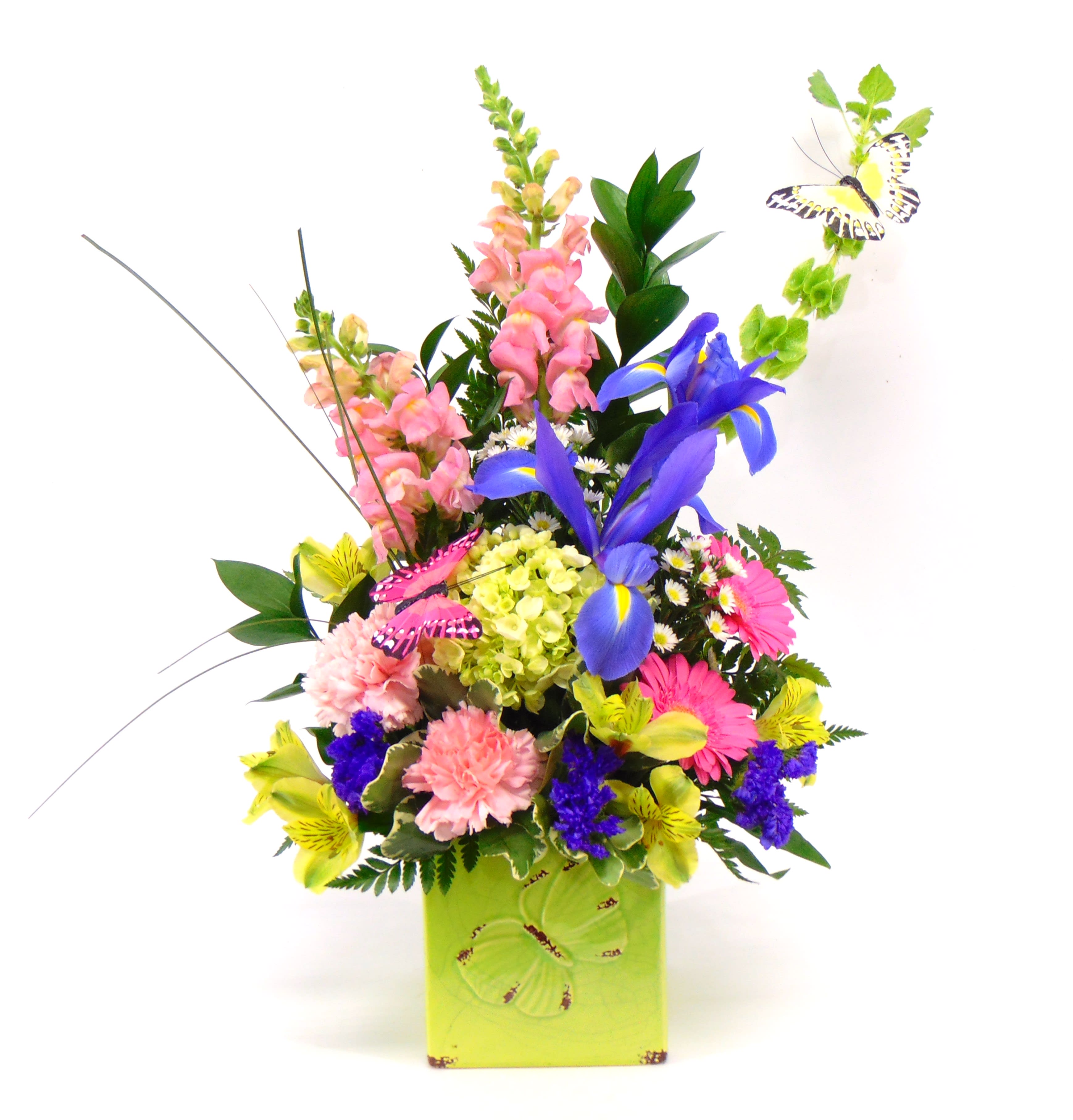 Butterfly Medley - This custom design features a keepsake butterfly embossed cube filled with an array of fresh blooms accented with butterfies. The blooming array includes snapdragons, bells of ireland, carnations, hydrangea, gerbera daisies, iris and alstroemeria. Container colors vary.