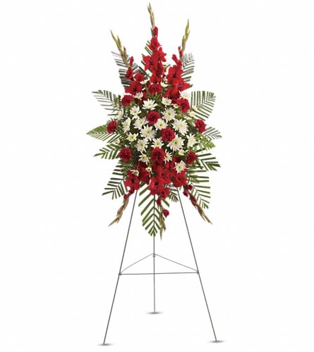 T261-2A - Strength & Solace Spray T261-2A - Strength & Solace Spray - Express your love beautifully and tastefully with this stunning spray of red and white floral favorites. An impeccable choice for the memorial service. The magnificent spray includes red gladioli red carnations and white cushion spray chrysanthemums accented with emerald palm and leatherleaf fern.Approximately 27" W x 47" H Orientation: One-Sided As Shown : T261-2A
