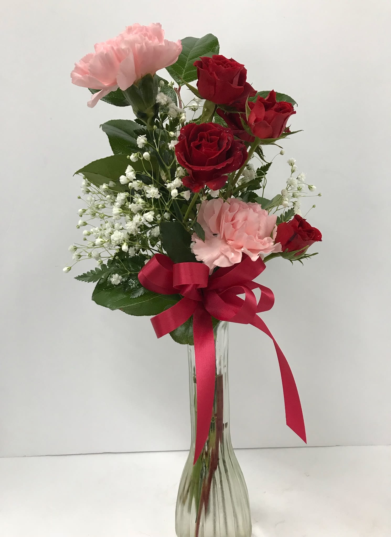 Blossom &amp; Bud Vase - Red spray roses and pink carnations