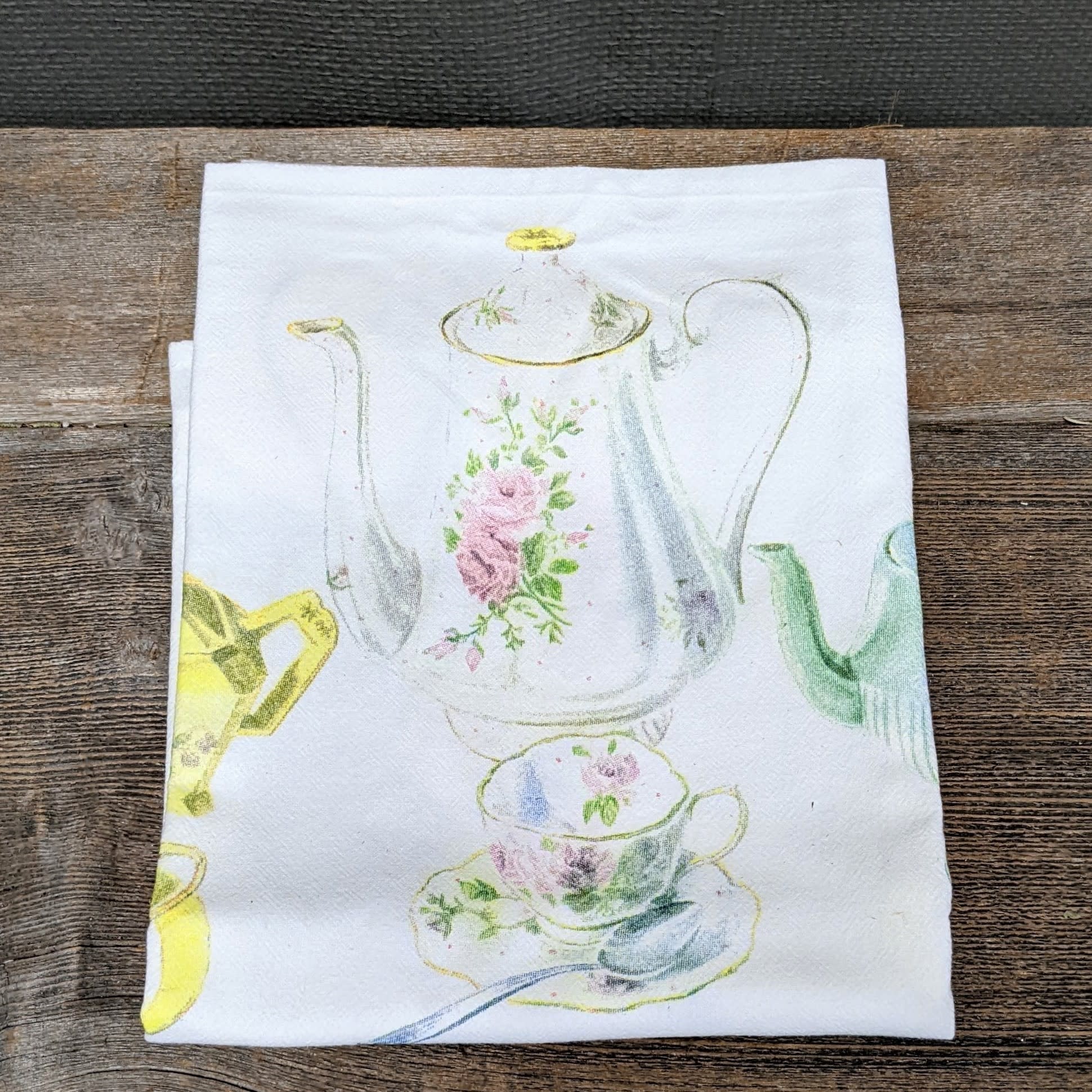 SALE: Amy's Almost Perfect Tea Time Flour Sack Towel - Local, Humboldt art on 100% cotton, oversized towel 24&quot;x36&quot;. Hot water machine wash and dryer safe. Fade resistant, can be bleached. Lint free. Made in the USA