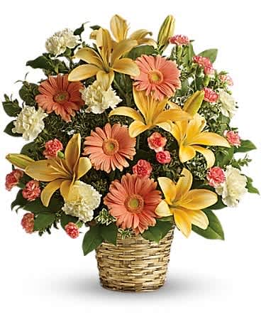 Soft Sentiments Bouquet - Bring warmth to the memorial service or home with this basket of sunshine. A radiant tribute to a bright, beautiful life, this bouquet of lilies, gerberas and carnations is a comforting reminder of your support and affection. This sentimental favorite features peach asiatic lilies, peach gerberas, cr&egrave;me carnations and minature orange carnations with fresh green oregonia and lemon leaf. Deilvered in a natural woven basket.Approximately 20 1/2&quot; W x 22&quot; H