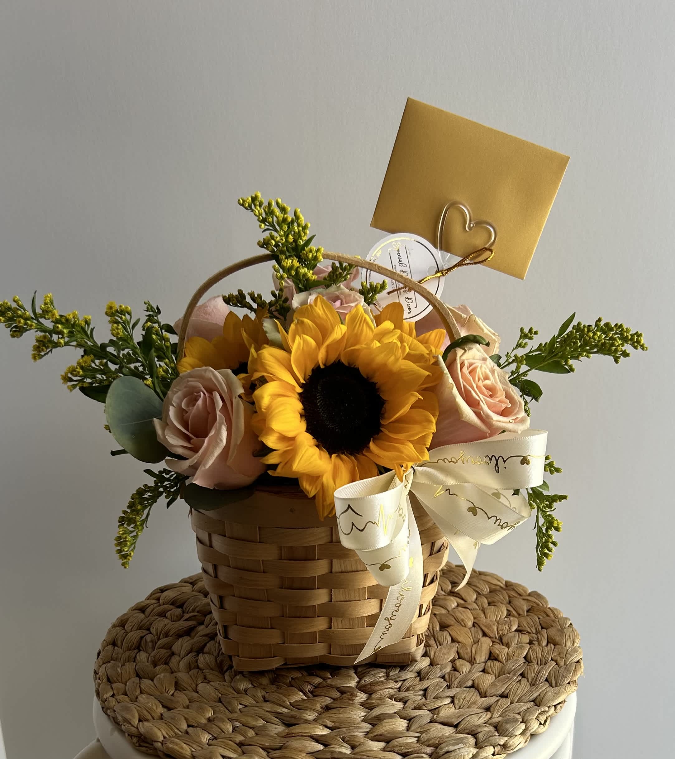 Wooden basket - Sunflower and roses in a cute wooden basket 