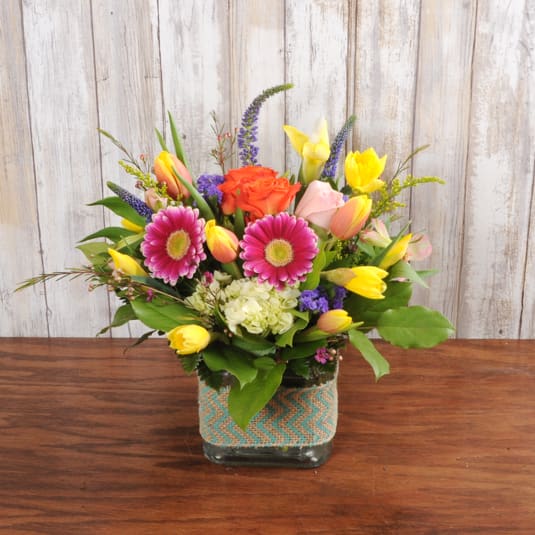 Balmy Blooms - Bright and colorful spring mix in cube vase.