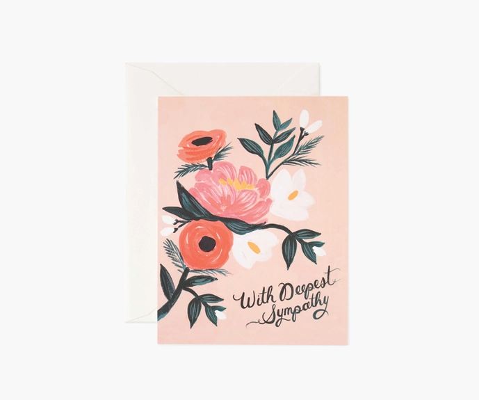 With Deepest Sympathy Card  - Send a note of support to your nearest and dearest with our thoughtful greeting cards. A blank interior lets your handwritten note take center stage.  DETAILS  4.25&quot; L × 5.5&quot; W Natural white cover paper Printed in full color Soft white envelope Blank interior Design continues on back Made in USA Rifle Paper Co. 