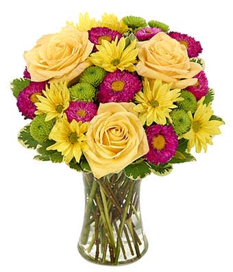 It's a Fine Day Bouquet - Pick an occasion, make someone's day…this beautiful bouquet is an inspired choice for Mother's Day, to say &quot;thank you,&quot; to celebrate a birthday, and so much more. Yellow roses, hot pink matsumoto aster, yellow daisies and green button poms are masterfully arranged in an elegant gathering vase. Measures 12”H X 10”L.