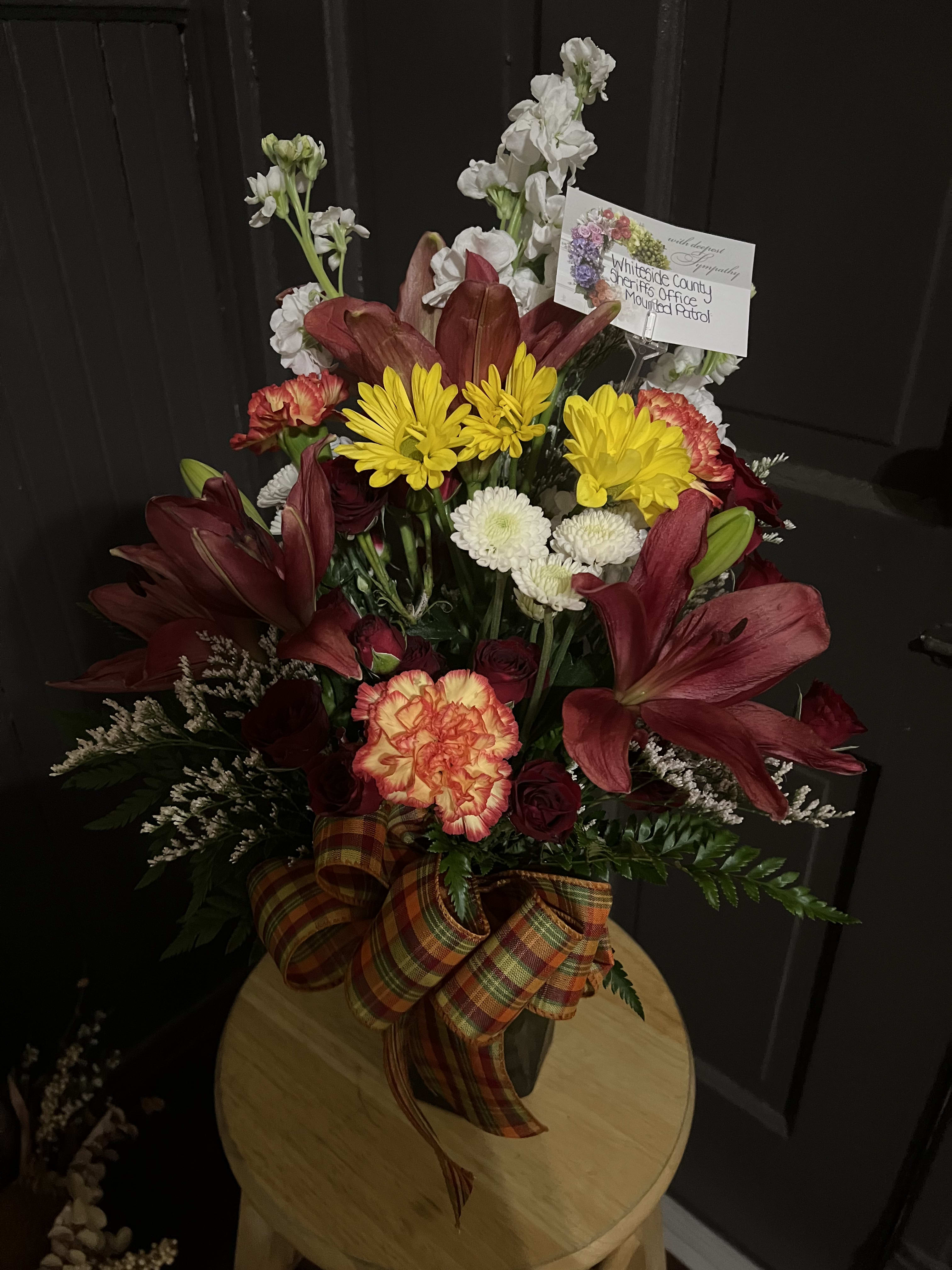 Red in the Fall Bouquet Red in the Fall Bouquet - A mix of Fall colored flowers accenting Red Lilies