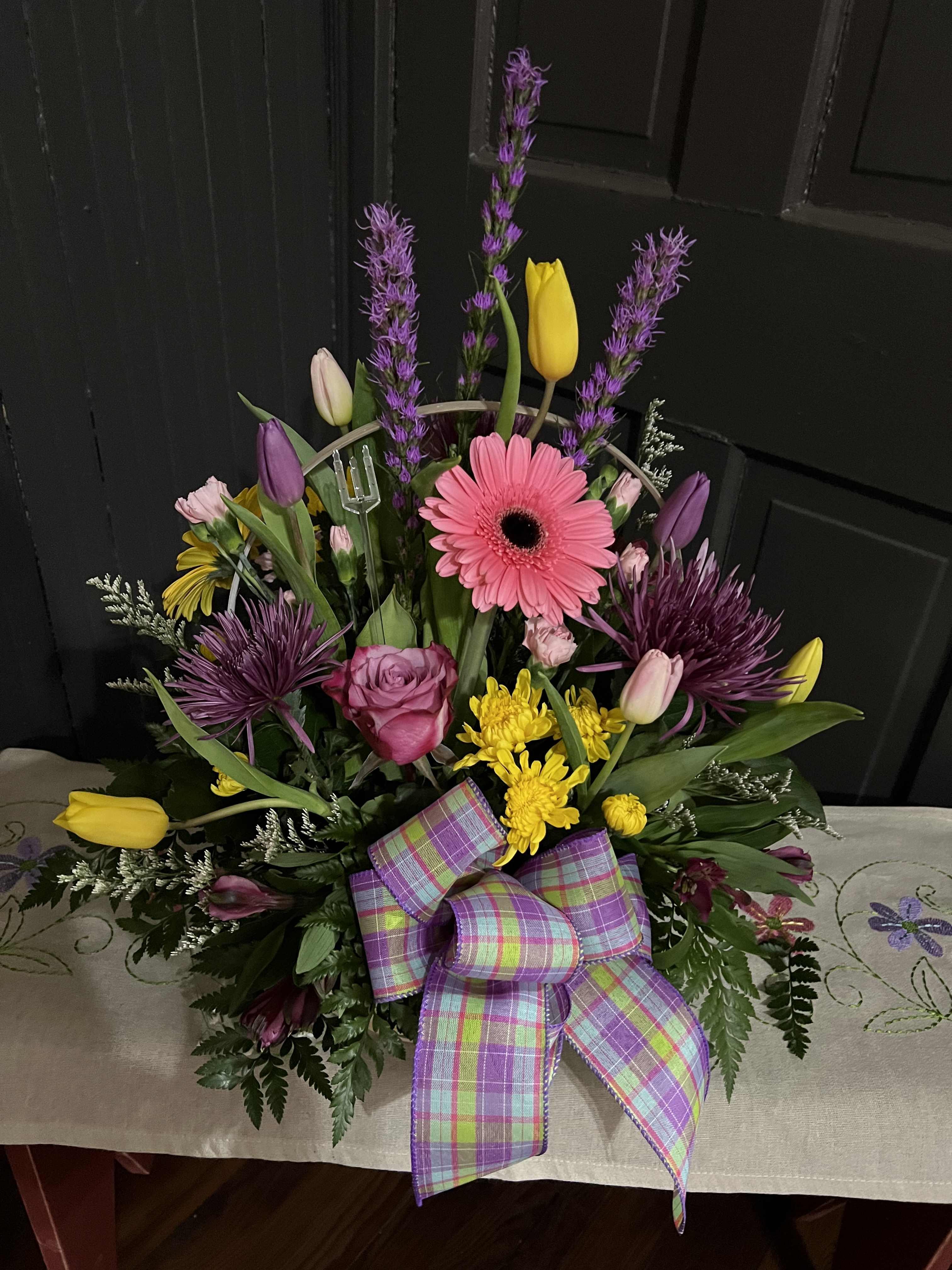 Bloom With Joy Bouquet Bloom With Joy Bouquet - An arrangement of yellow, purple, and pink arranged in a handled basket