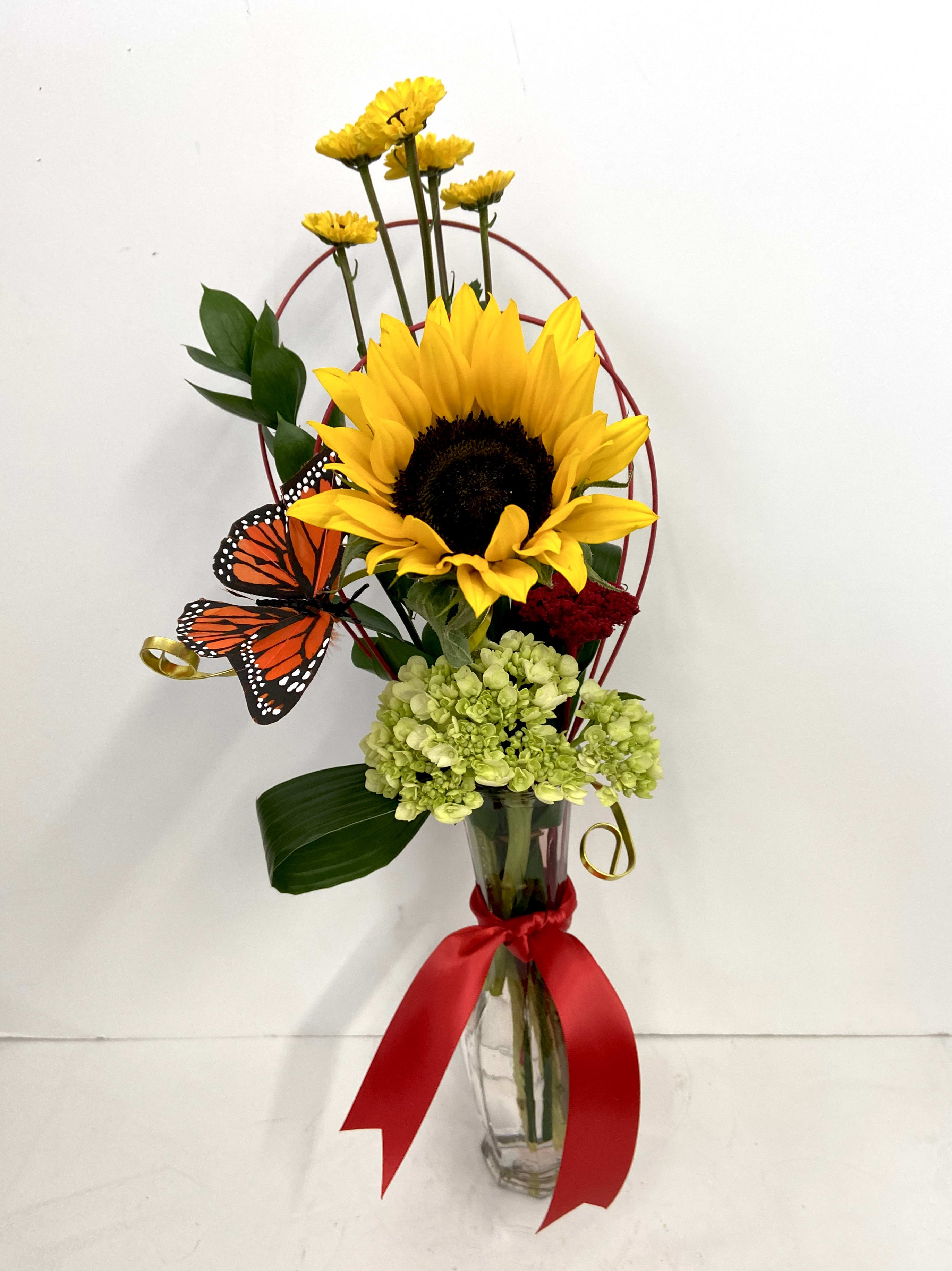 My Loyal Sunflower - Sunflower, which means loyal in the Language of Flowers, stands tall with decorative wire and butterfly.