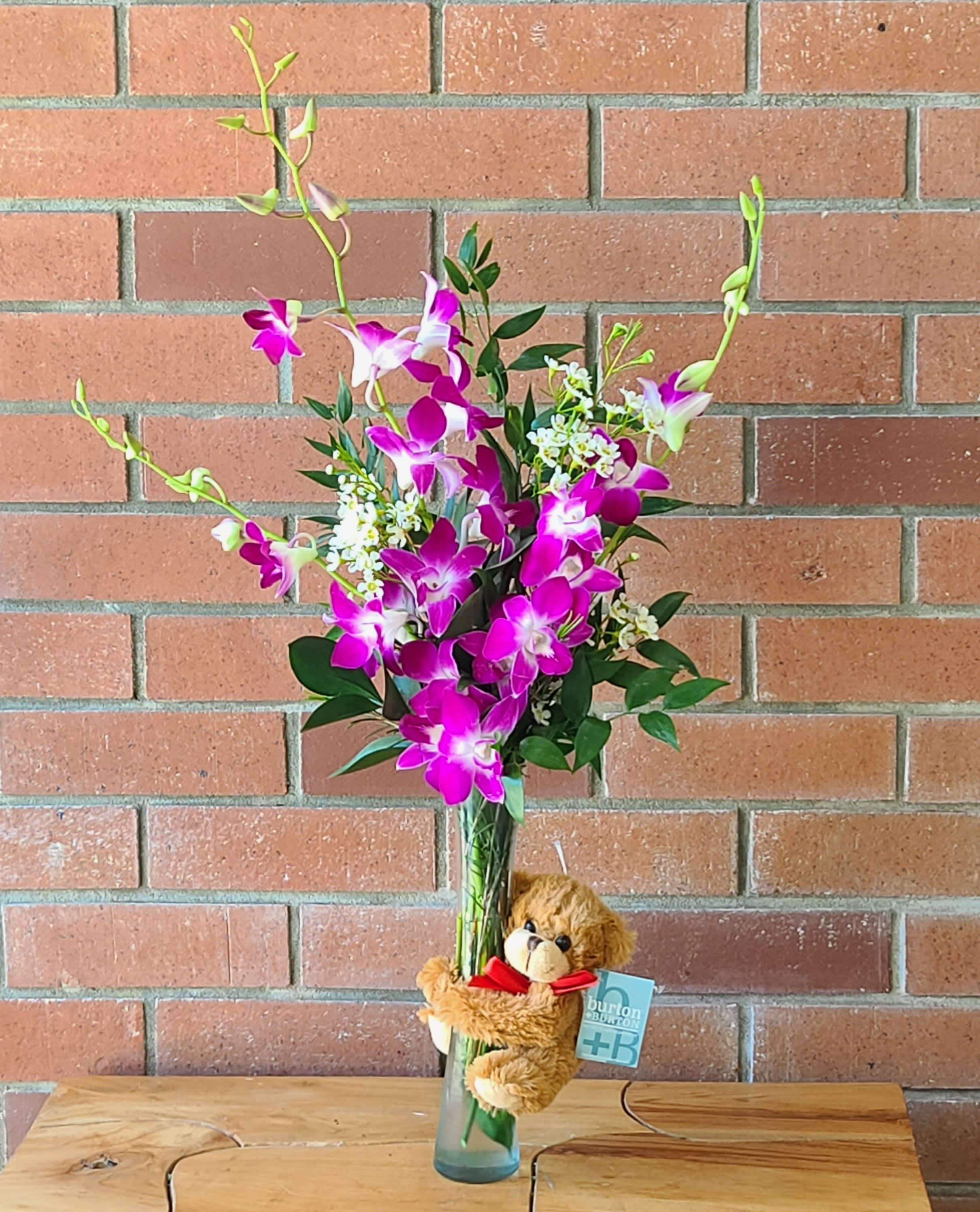 Hugs &amp; Orchids  - 3 purple orchids in a clear skinny vase with a plush bear hugging the vase. Accented with greenery and filler. Standard 3 Orchid Stems. Deluxe has 6 Orchid stems. Premium - 9 Orchid stems.