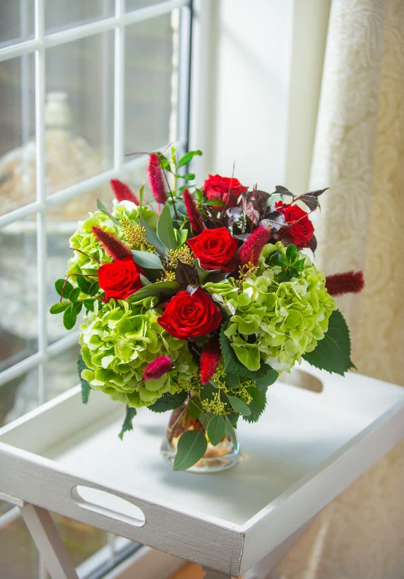 Roses, hydrangeas, eucalyptus. Roses, hydrangeas, eucalyptus. - Beautiful modern desing in red and shade of greens.