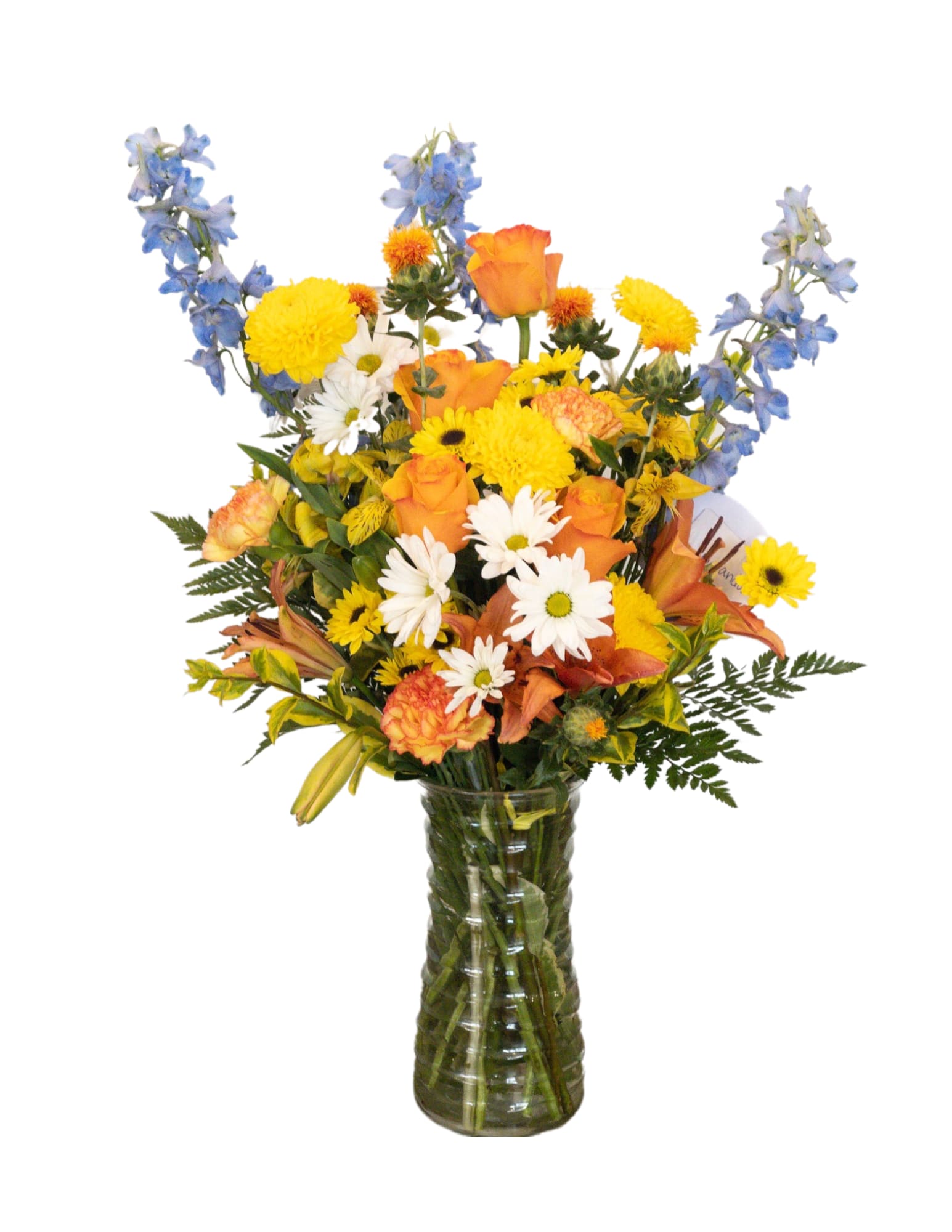 $80 Custom Arrangement $80 Custom Arrangement - Custom Bouquet filled with the colors of the summer sky! All things blue, orange, and yellow.