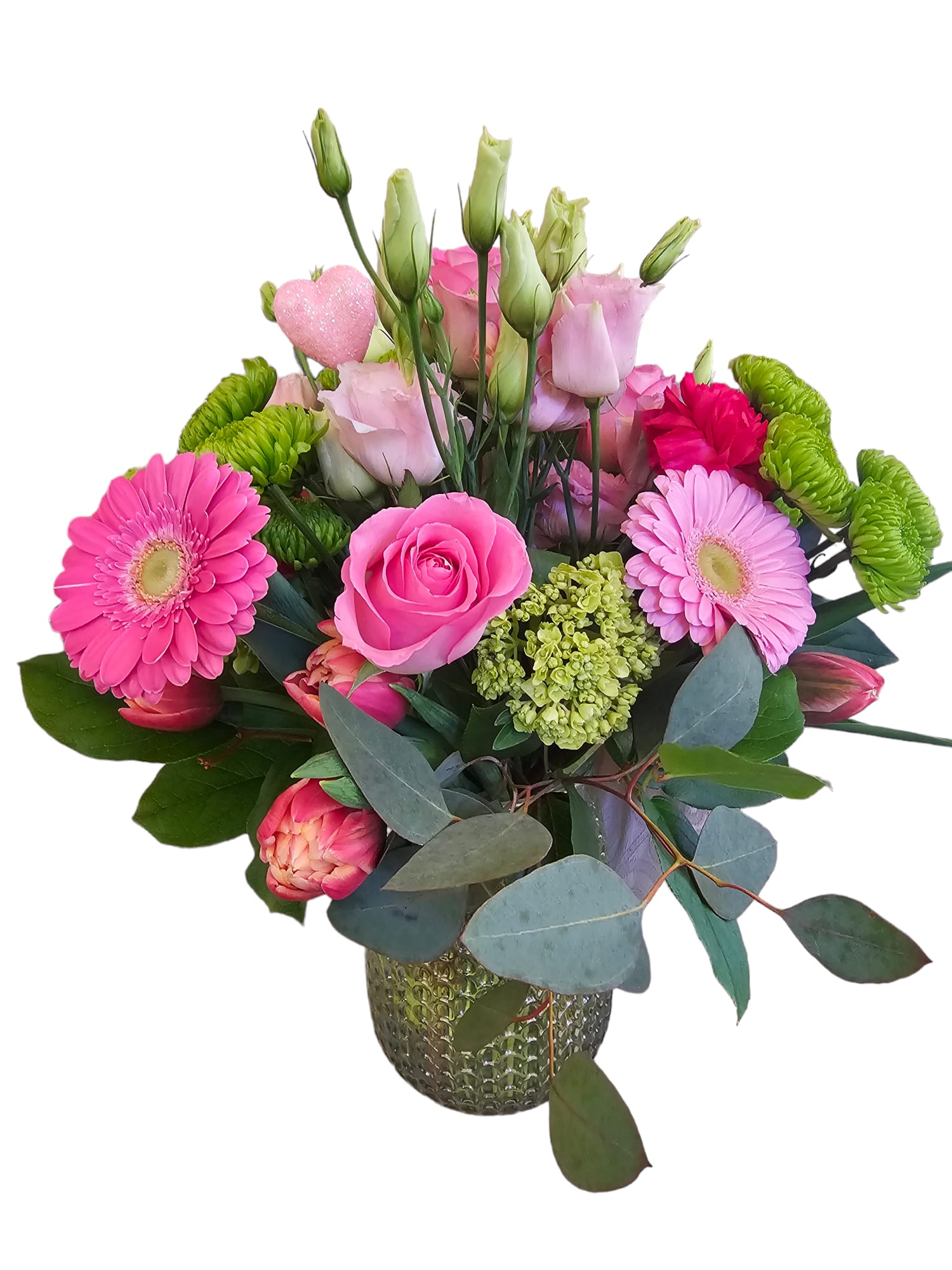 Struck by your Love -  Pink Roses, Double Tulips,Lisianthus,Green Hydrangea, 