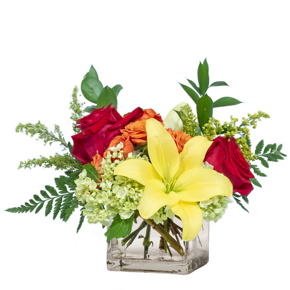 Queen Bee Bouquet - Honey, you rule! Queen Bee says you are here to fix the crowns of others. A clear cube features a Yellow Asiatic lily with support from roses and a green mini hydrangea.