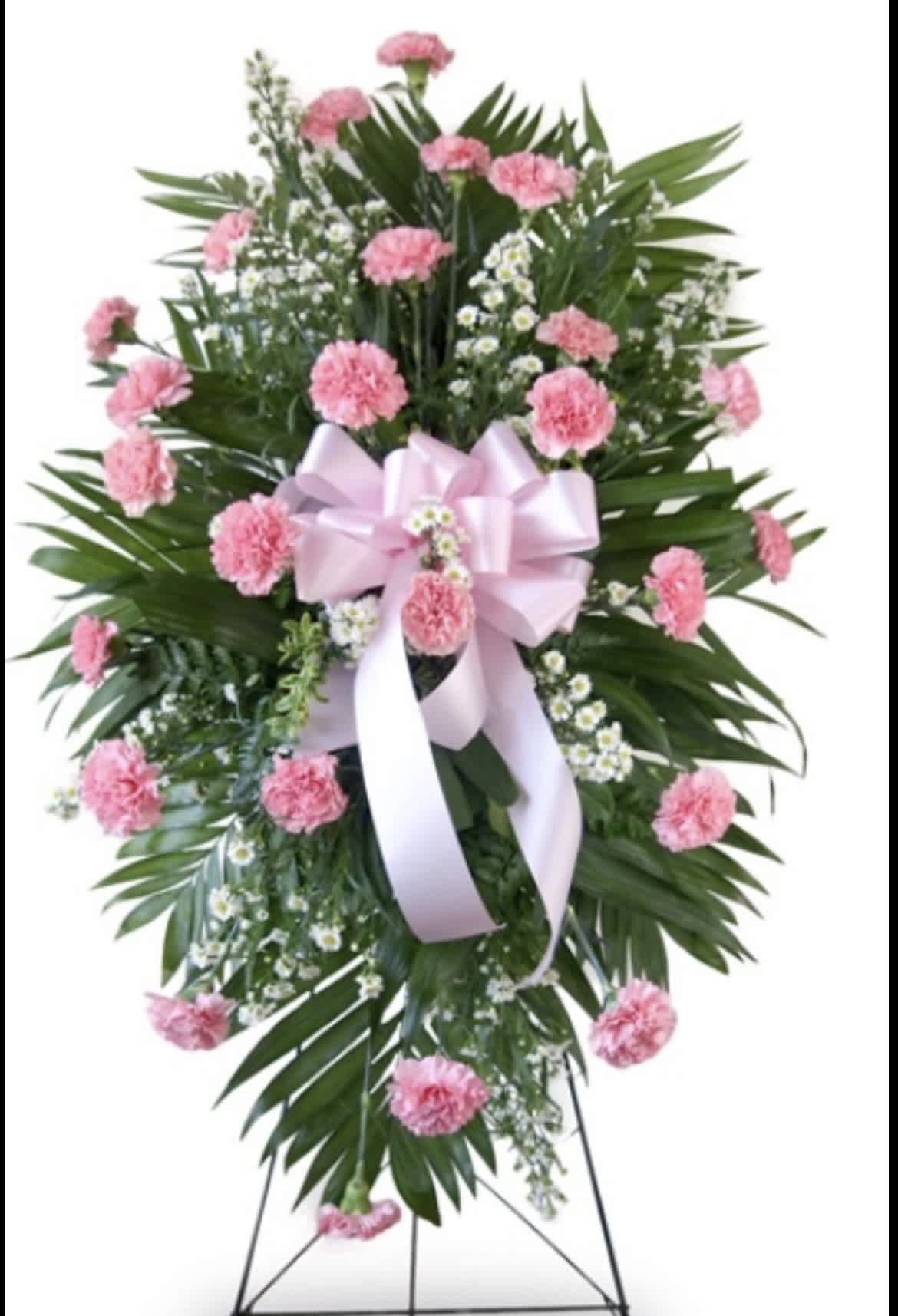 All Carnation Standing Spray All Carnation Standing Spray - Shades of Pink that means passion Standing spray is designed on a 54-inch or taller easel with a bow to enhance the flower arrangement. White and Red are also available