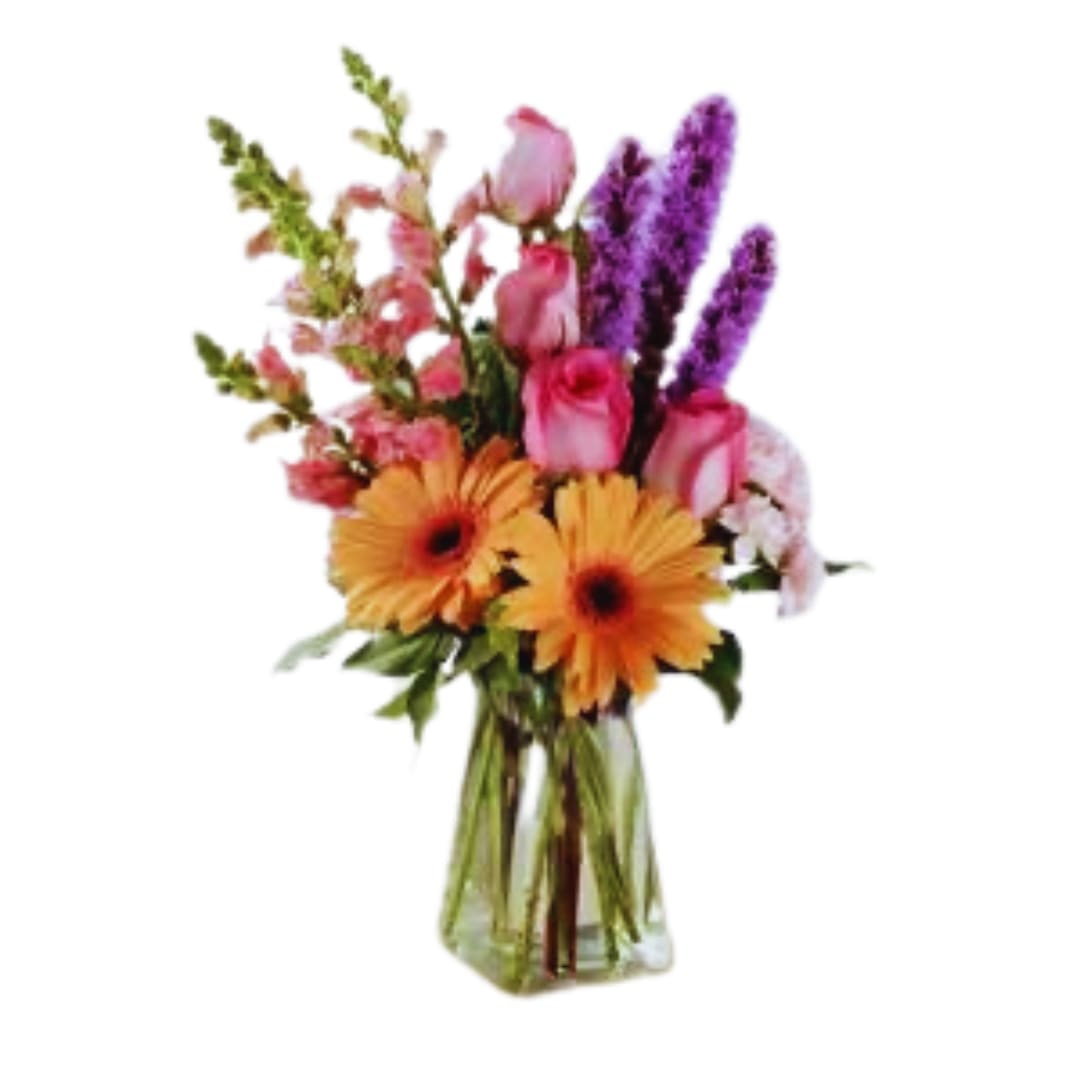 The FTD® Blushing Invitations™ Bouquet - Exuding a special charm, with a casual fresh-from-the-garden look, this gorgeous spring bouquet is the perfect way to delight your recipient in honor of any of life's most treasured moments. Peach gerbera daisies are soft and sophisticated surrounded by pink roses, pink snapdragons, pink mini carnations, purple liatris, and lush greens arranged with an artist's eye in a gathered square clear glass vase. A wonderful way to celebrate a spring birthday, Mother's Day, or to express your thanks and gratitude. GOOD bouquet includes 12 stems. Approx. 16&quot;H x 7&quot;W. BETTER bouquet includes 15 stems. Approx. 18&quot;H x 8&quot;W. BEST bouquet includes 18 stems. Approx. 23&quot;H x 10&quot;W.