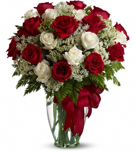 Love's Divine Bouquet - Long Stemmed Roses - Love's divine and roses are too. At almost two feet tall this beautiful mix of red and white roses - accented with Queen Anne's Lace and adorned with a bold red ribbon - is a timeless gift for your beloved. Red and white roses accented with Queen Anne's lace and more are delivered in a glass vase accented with a red satin ribbon.Approximately 18&quot; W x 23&quot; H Orientation: All-Around As Shown : T11Z101ADeluxe : T11Z101BPremium : T11Z101C