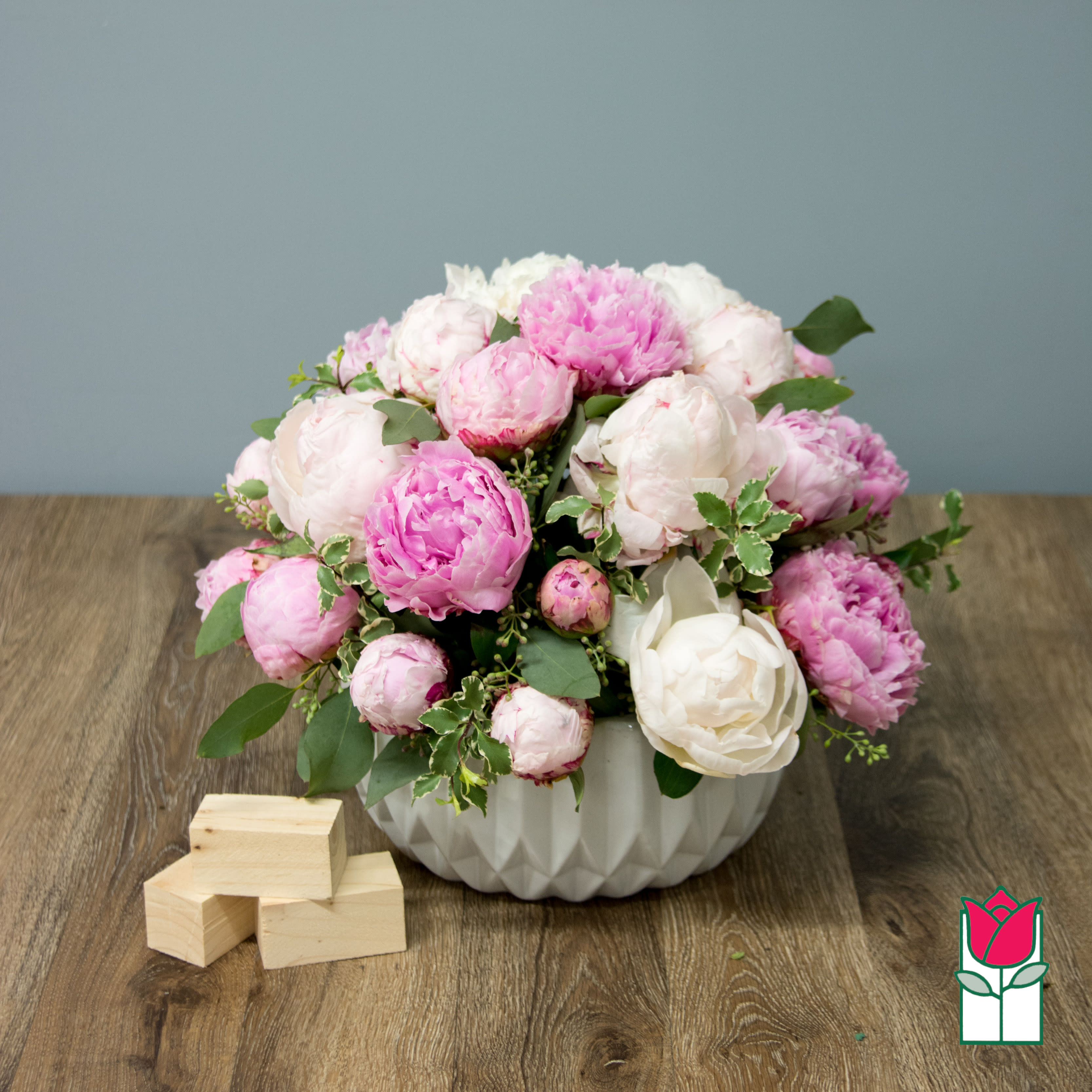 Beretania's Jaimie Bouquet - The Beretania Florist Jaimie Bouquet is a luxurious table top bouquet full of mixed color peonies. Preorder is required. Approx. 12H x 18W