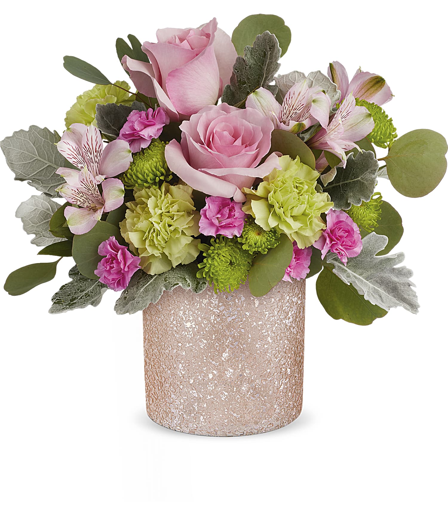 Glamour and Glitter - Make Mom's day sparkle with Teleflora's Blooming Brilliant cylinder, radiating elegance and perfect for a dreamy Mother's Day bouquet featuring pink roses, light pink alstroemeria, green carnations, dark pink miniature carnations, green cushion spray chrysanthemums, silver dollar eucalyptus, and dusty miller. Vase while supplies last.
