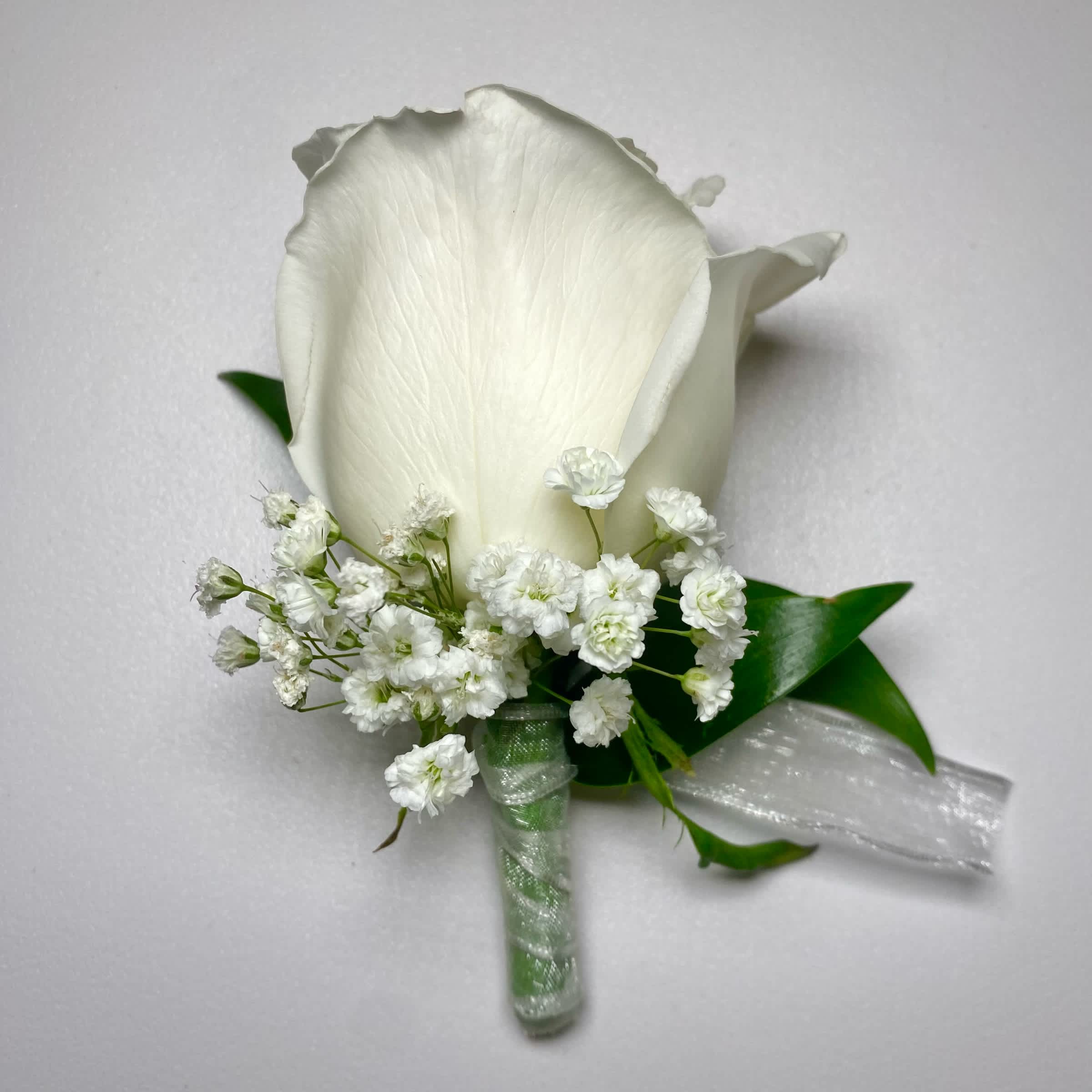White/ White Rose Boutonniere - Prom/ Wedding - This White Rose Boutonniere Includes, White Chiffon Ribbon, White Rose, Babies Breath, and Gentle Greenery. Or as Similar as Possible. 