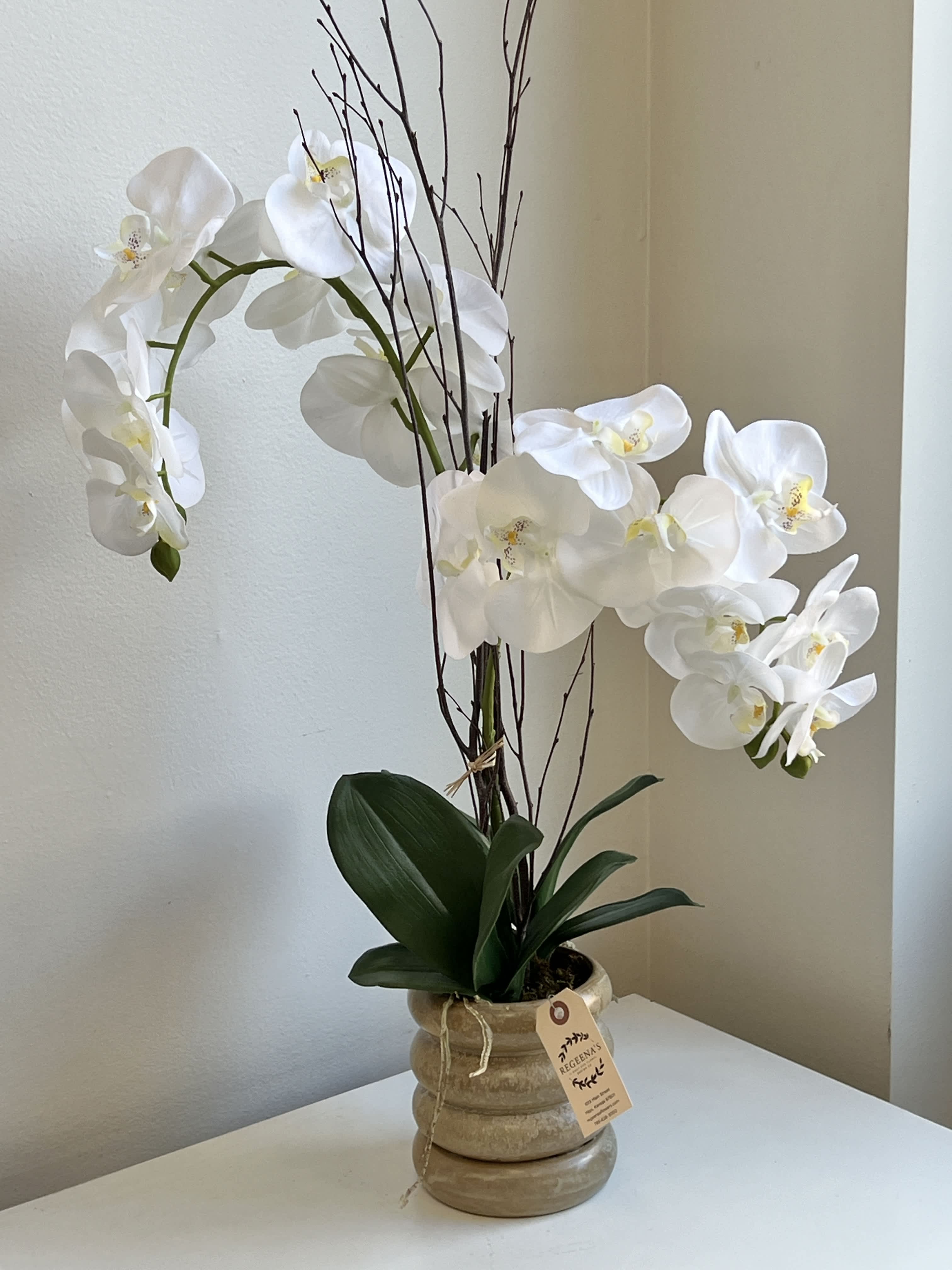 FAUX-ORCHID FAUX-ORCHID - Faux White Phalenopsis Orchids Potted in a Neutral Decorative Container Which Can Be Enjoyed For Many Years.