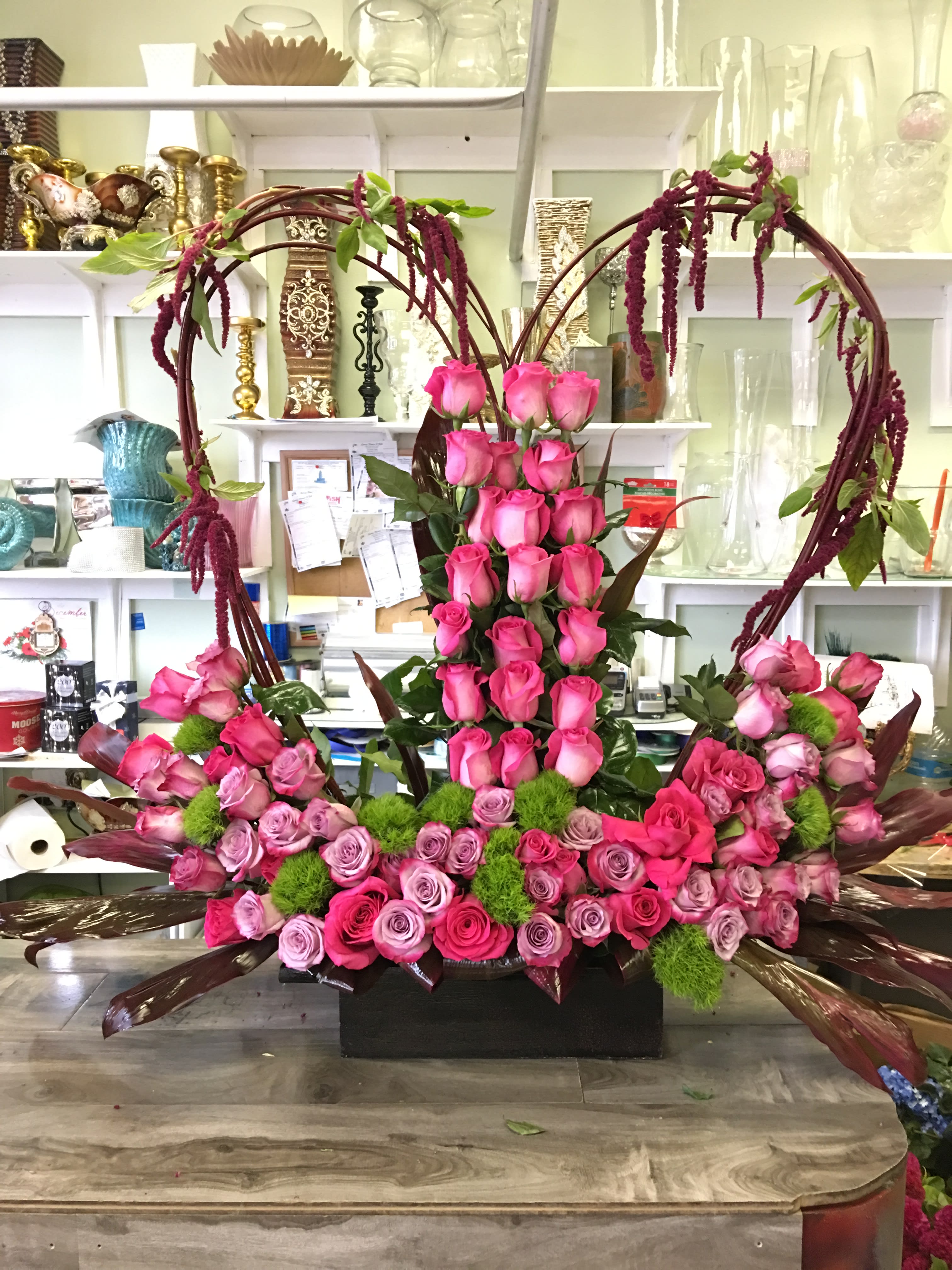 Grand Heart Arrangement - Roses and Amaranthus