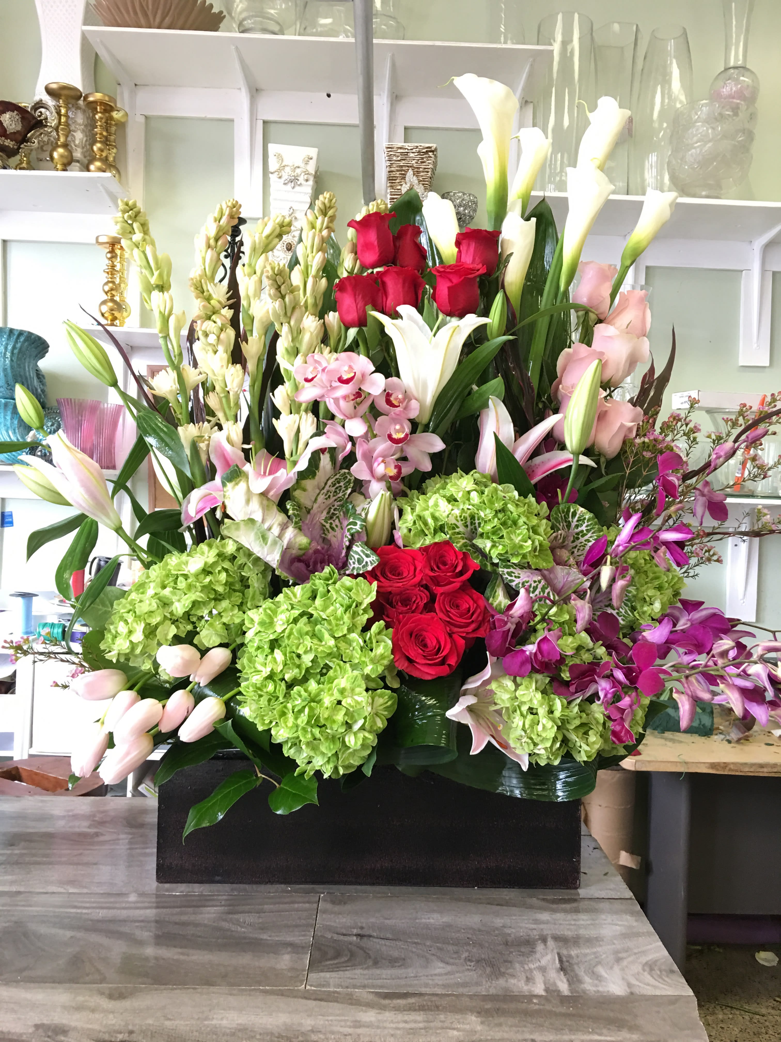 Grand Spring - Roses, tuberoses, tulips, lilies, variety of orchids. cabbage and hydrangeas 