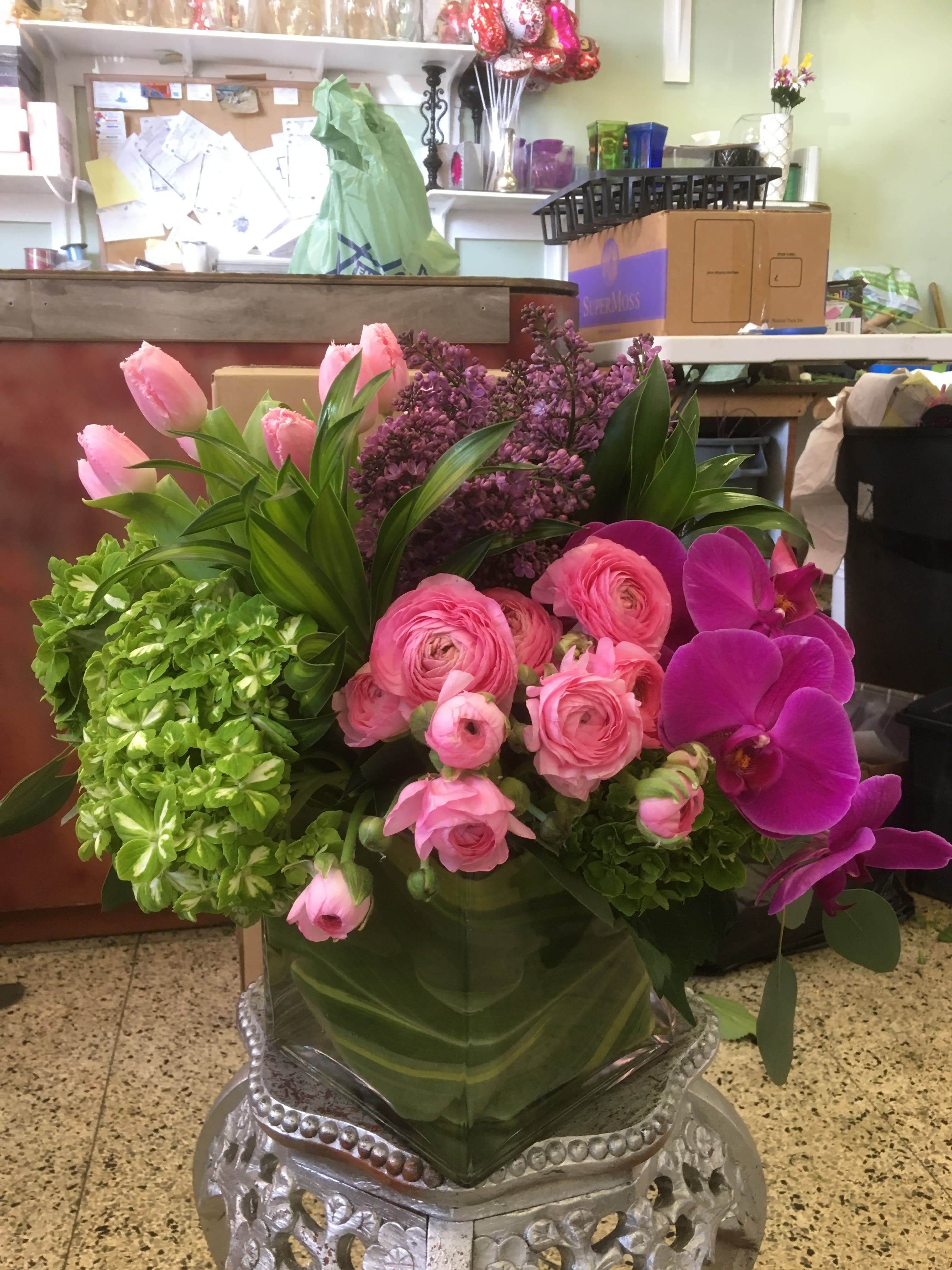 Spring Flower arrangement - Ranunculus, Hyacinth, tulips and hydrangea